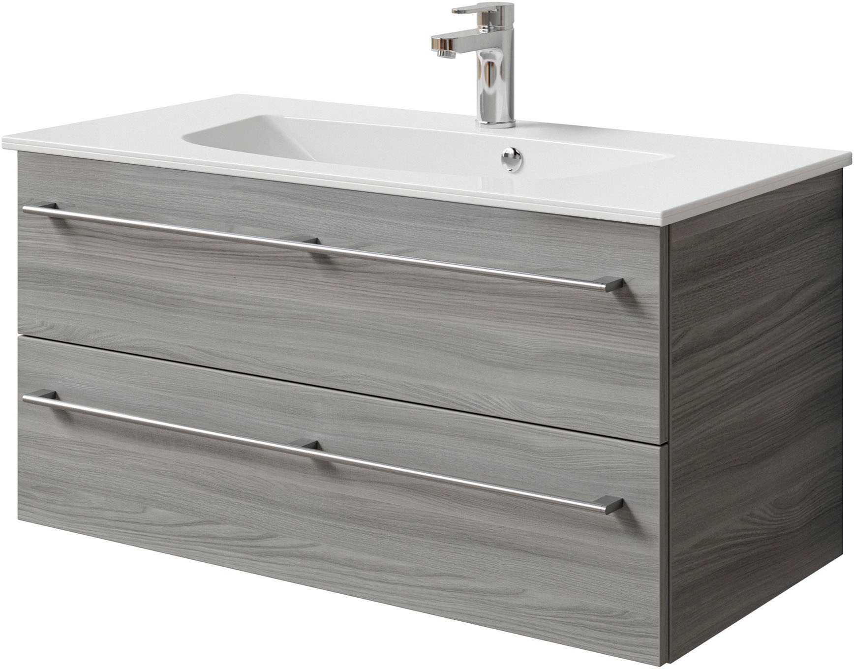 Saphir Badmöbel-Set »Serie 6025 2-teilig Mineralmarmor-Waschtisch mit LED-Spiegelschrank«, (2 St.), Waschplatz 97 cm breit, 2 Schubladen, 3 Spiegel-Türen, inkl Türdämpfer