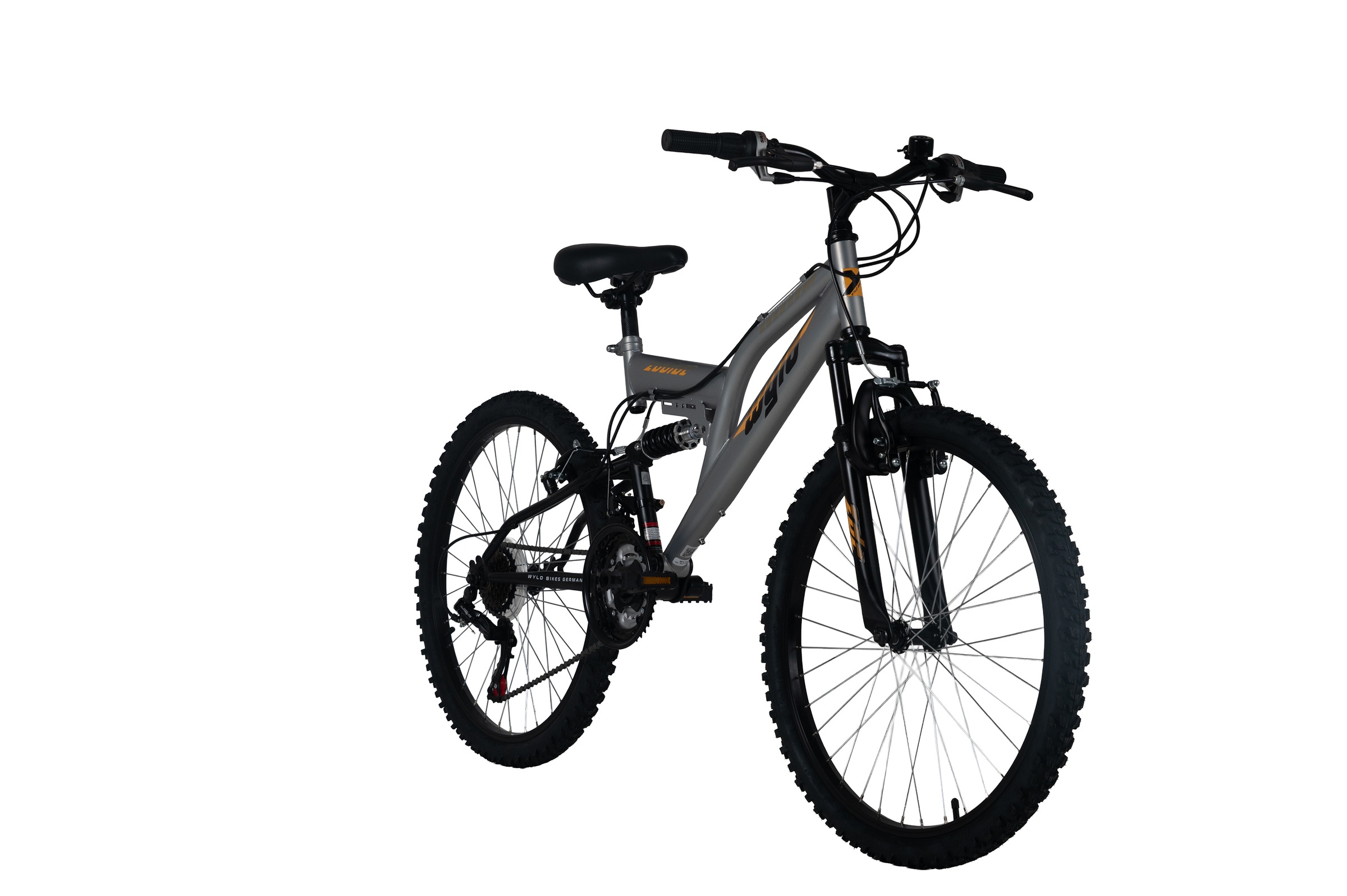 WYLD Jugendfahrrad »WYLD Kinder-Mountainbike Fully 24'' Zodiac grau 18 Gänge RH 38 cm« 18 Gang Shimano Tourney Schaltwerk Kettenschaltung