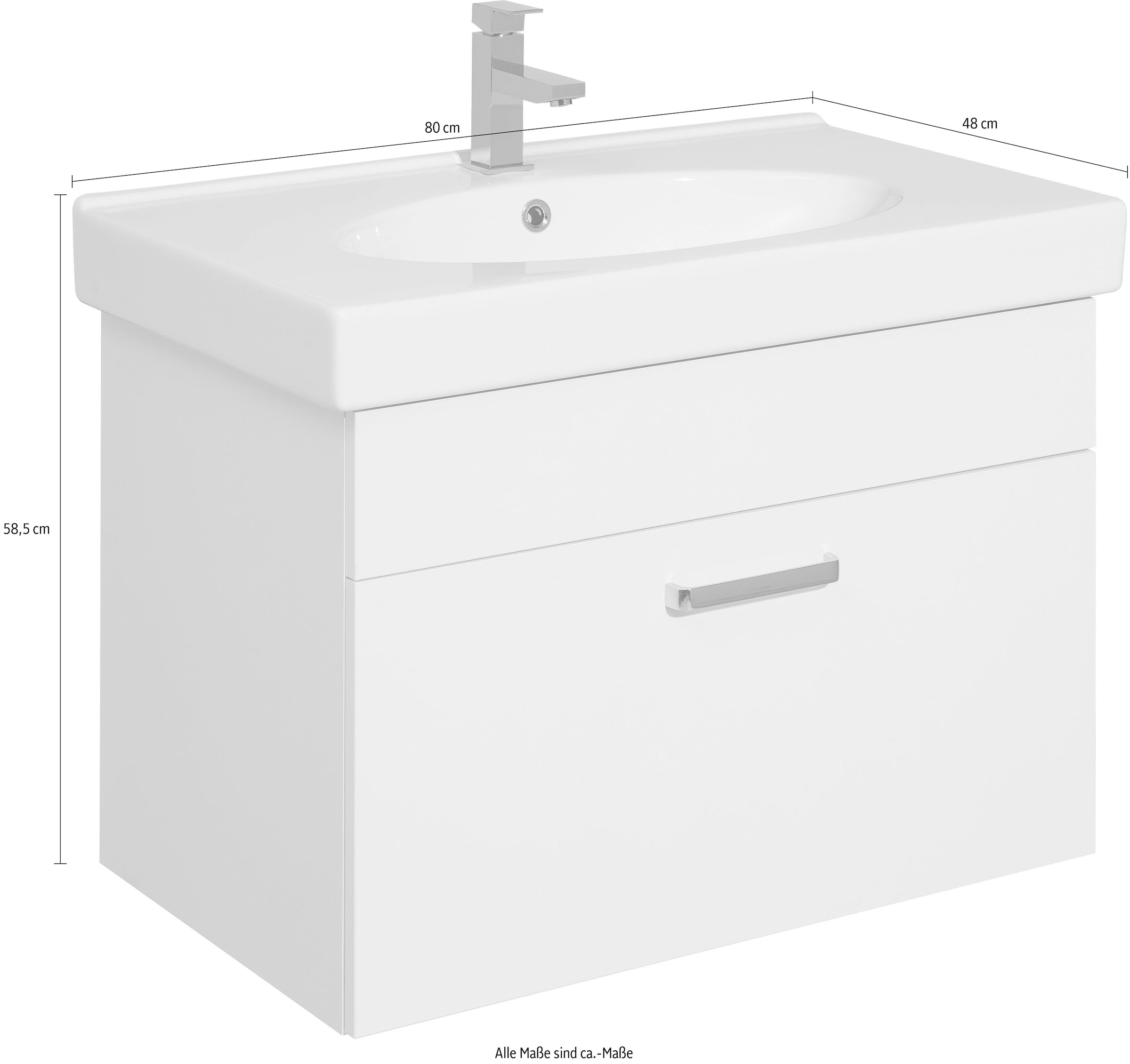 Saphir Waschtisch »Quickset Keramikwaschtisch mit Unterschrank, 80 cm breit, Badmöbel«, Waschplatz mit 1 Schublade, inkl. Türdämpfer, Griffe Chrom Glanz