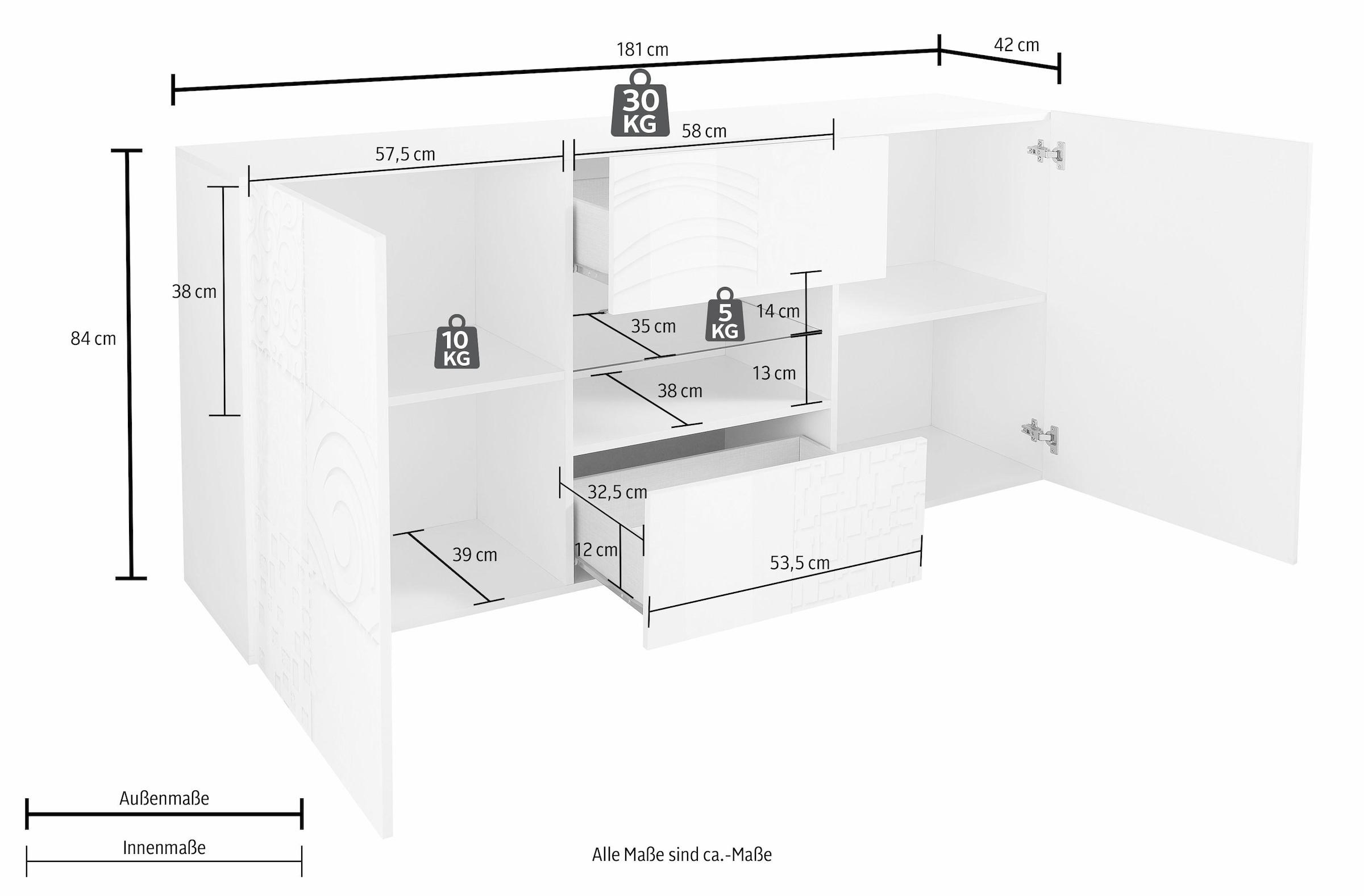 INOSIGN Sideboard »Miro«, Breite 181 cm mit dekorativem Siebdruck