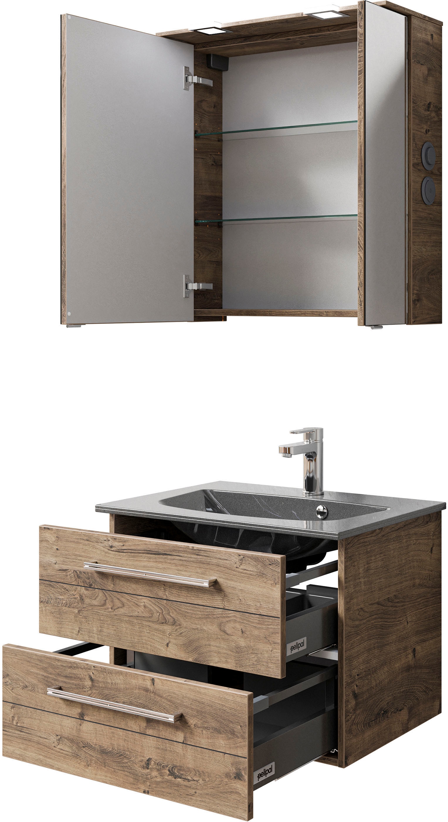 Saphir Badmöbel-Set »Serie 6025 2-teilig Mineralmarmor-Waschtisch mit LED-Spiegelschrank«, (2 St.), Waschplatz 67 cm breit, 2 Schubladen, 2 Spiegel-Türen, inkl Türdämpfer