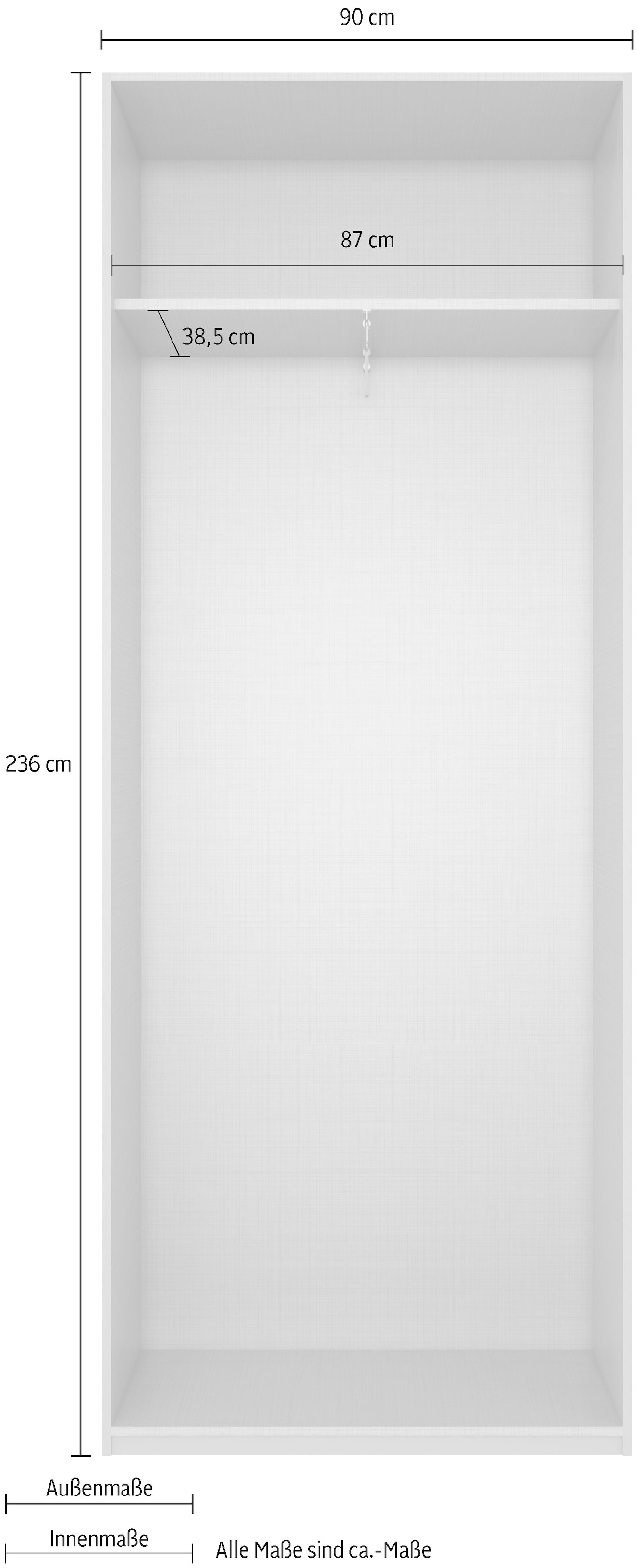 Wimex Kleiderschrank »Mugano, in 5 Breiten und 2 Höhen, Made in Germany«, (in Basic oder Premium Ausstattung mit 2 weiteren Einlegeböden), mit langen Griffstangen aus Metall, wahlweise mit oder ohne Spiegel