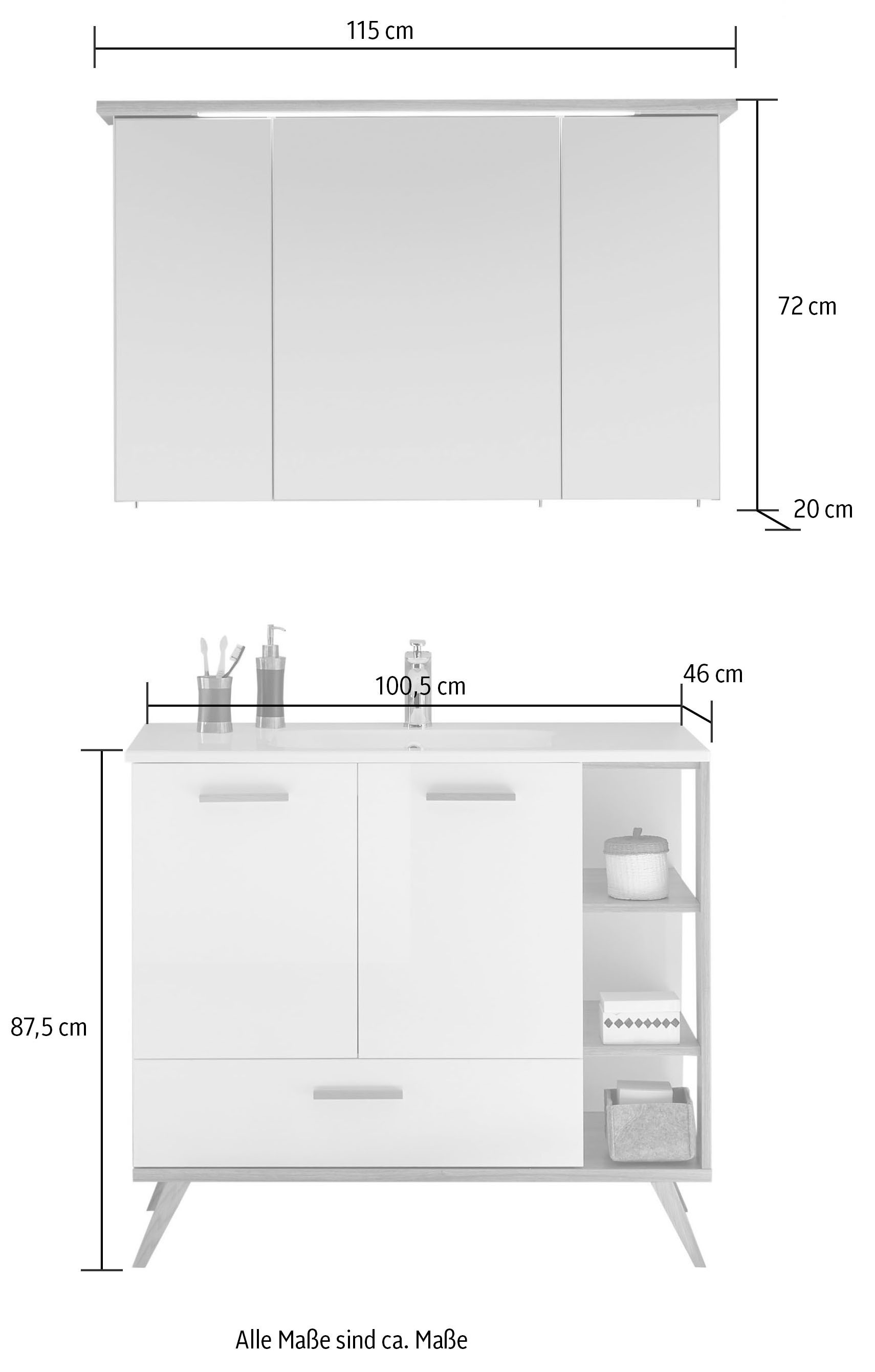 Saphir Badmöbel-Set »Quickset Mineralmarmor-Waschtisch mit LED-Spiegelschrank«, (2 St.), Waschplatz 115 cm breit, 5 Türen, 1 Schublade, inkl. Türdämpfer