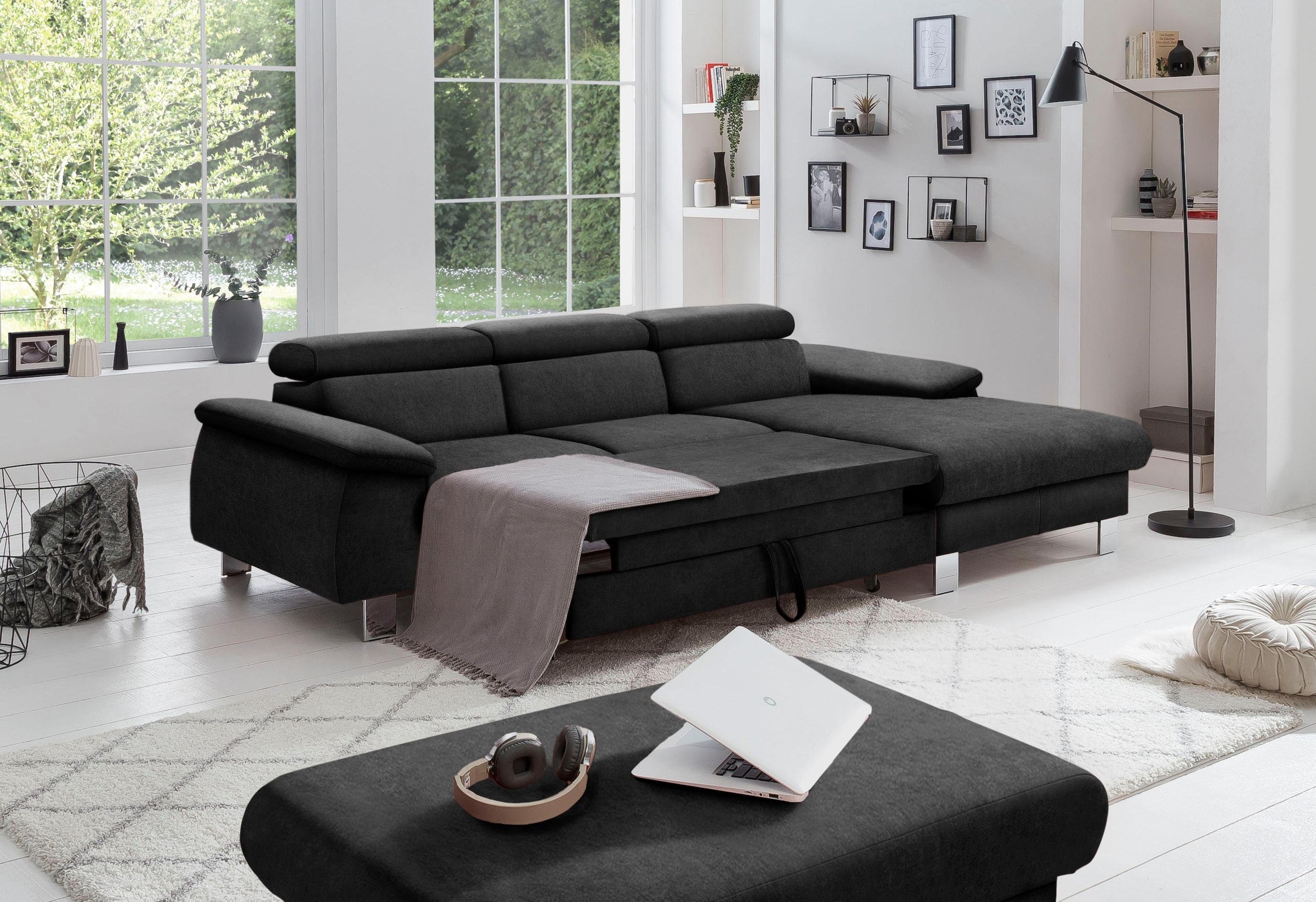 COTTA Ecksofa Komaris, Ecksofa, wahlweise mit RGB-LED-Beleuchtung und Bettfunktion/Bettkasten