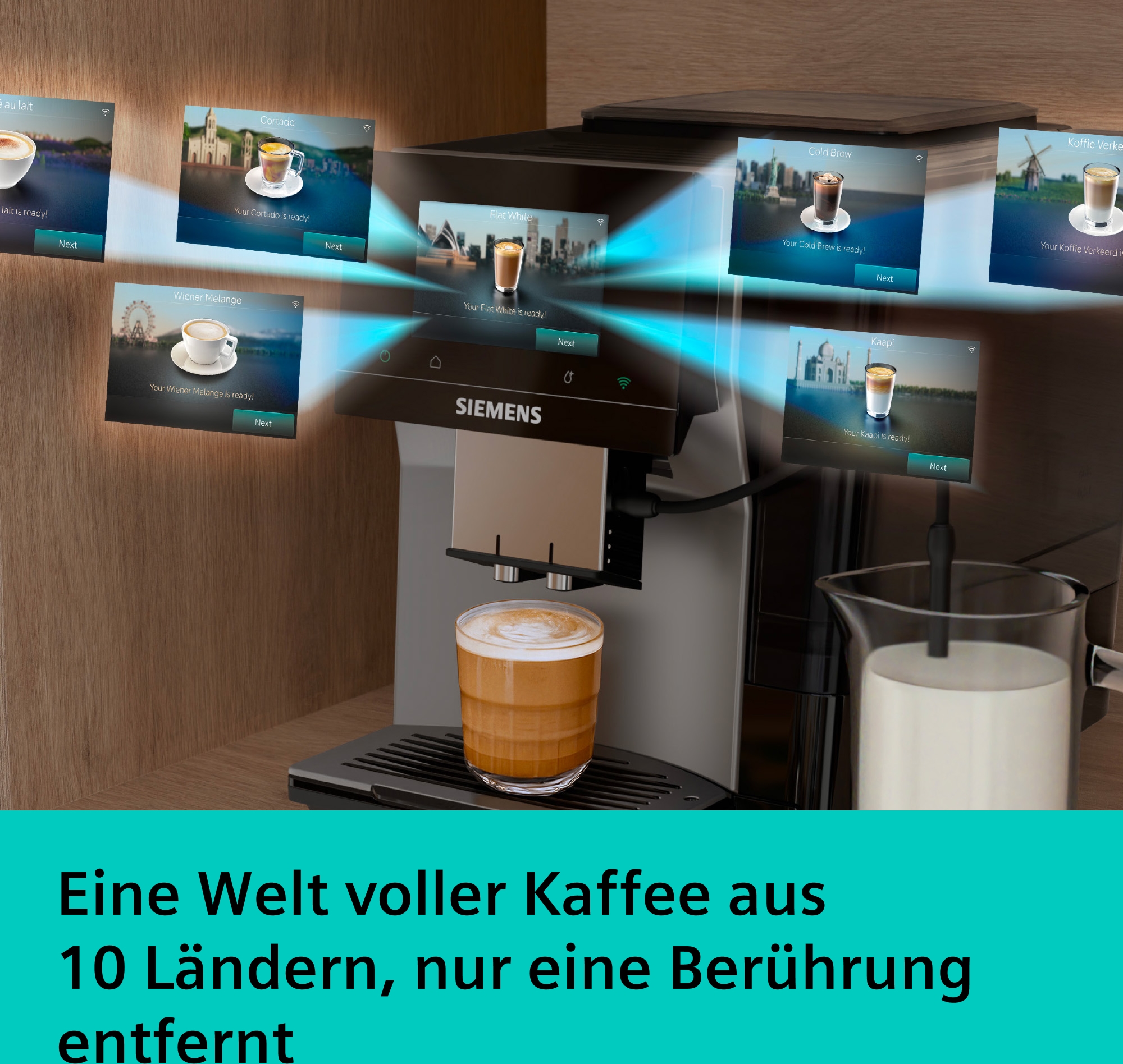 SIEMENS Kaffeevollautomat »EQ700 TP725ET7, inkl. Thermo-Kaffeebecher, XL-Getränke, 20 Favoriten« farbiges Full-Touch-Display, Doppeltassenfunktion, sehr leise, silber