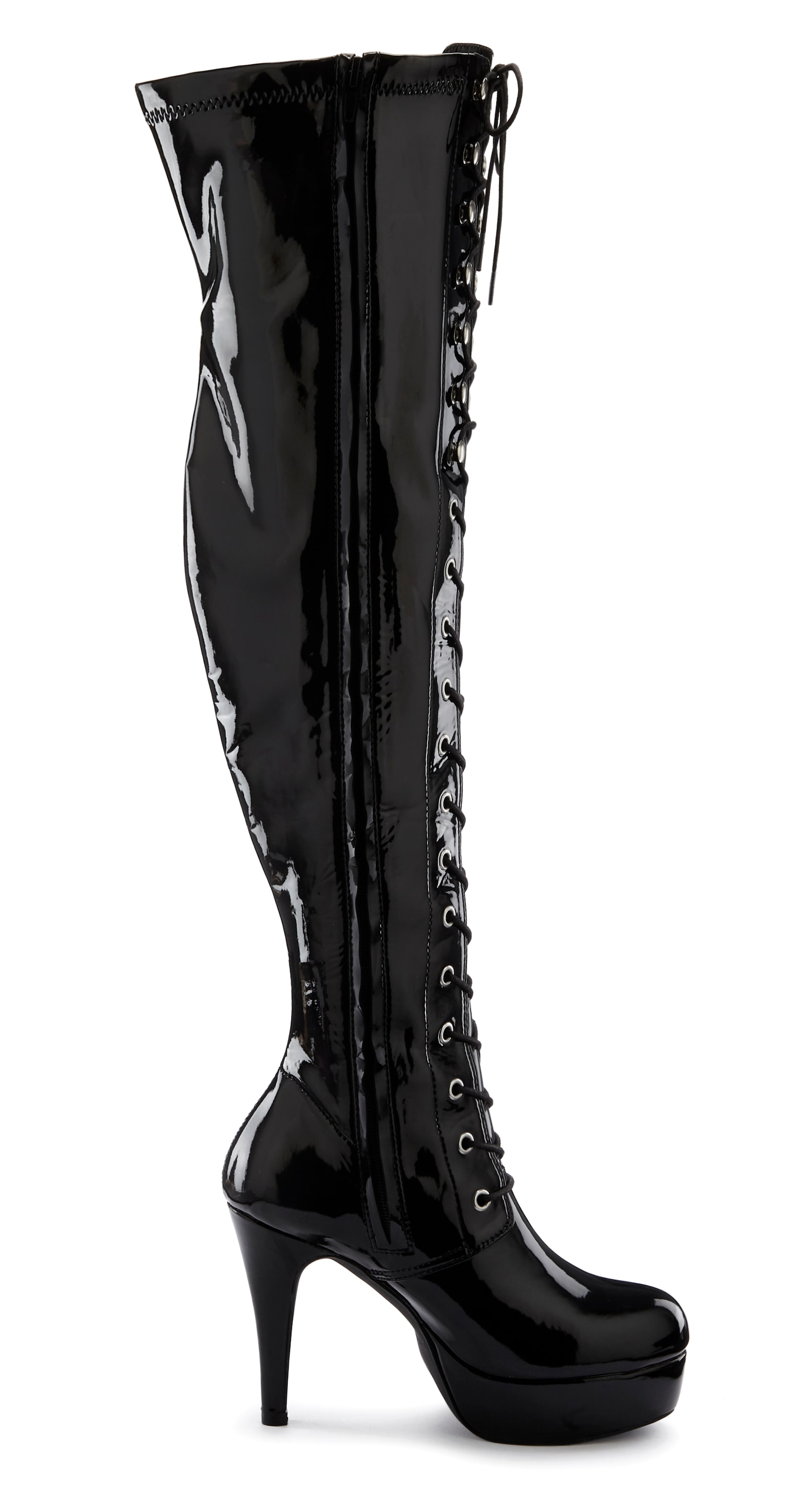 LASCANA Belle Affaire Overkneestiefel, mit Plateau und Lack-Optik, erotische High-Heel Stiefelette