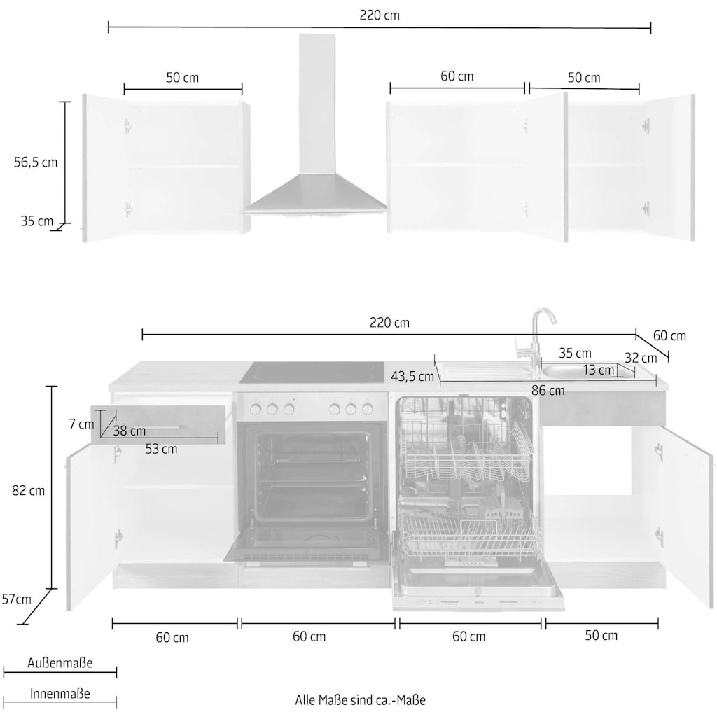 wiho Küchen Küchenzeile »Zell«, mit E-Geräten, Breite 220 cm