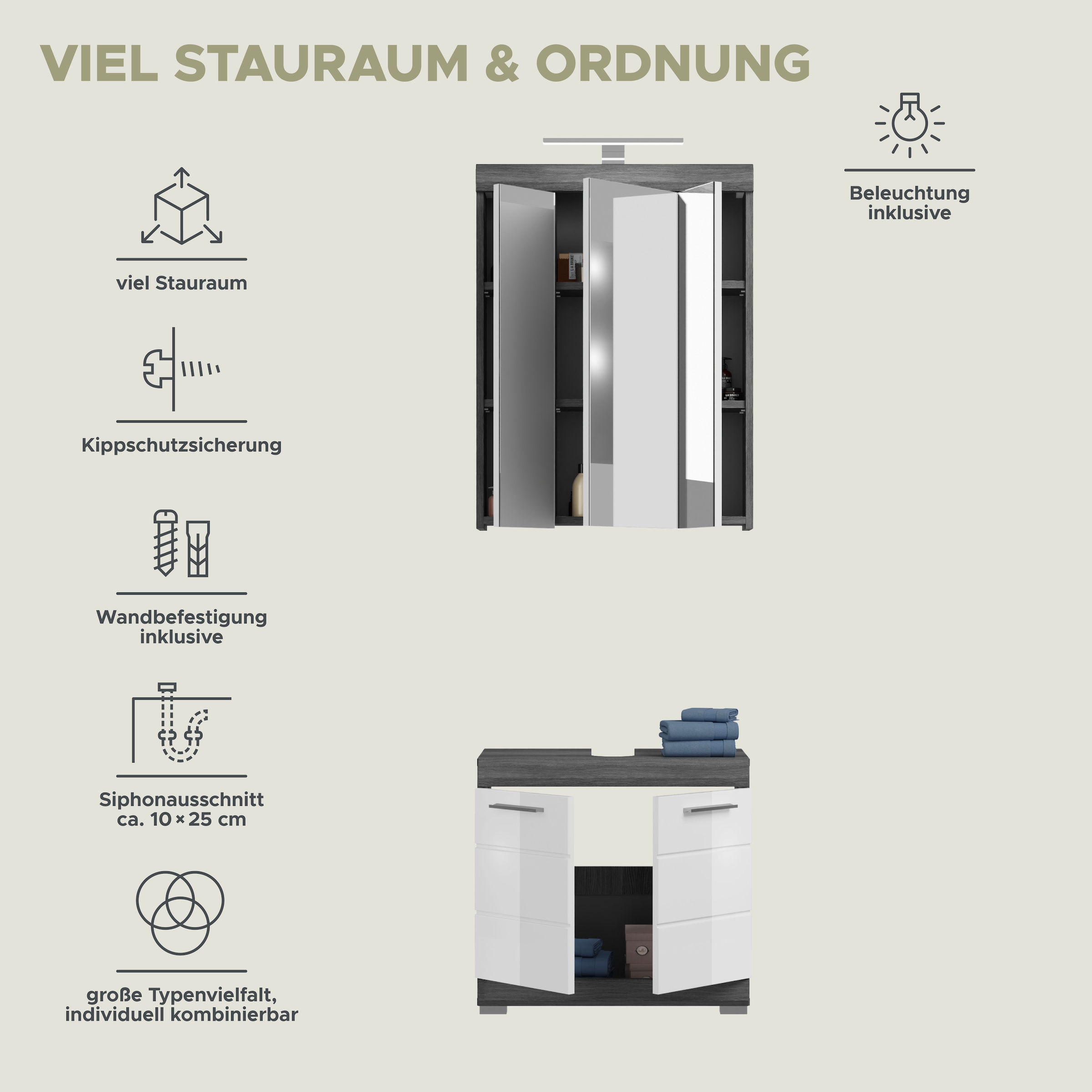 INOSIGN Badmöbel-Set »Siena, 2 teilig, inklusive LED Beleuchtung, bestehend aus:«, (Set, 2 St.), Waschbeckenunterschrank, Spiegelschrank, LED Badaufsatzleuchte