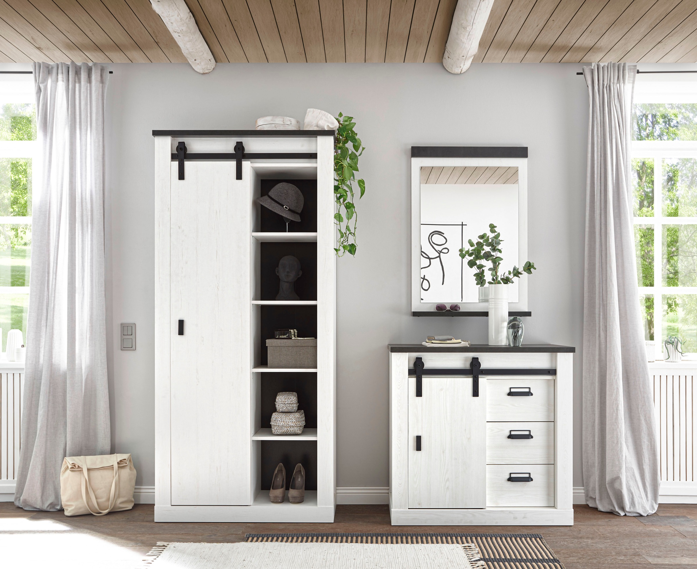 Home affaire Garderoben-Set »SHERWOOD«, (3 St.), mit Scheunentorbeschlag, Apothekergriffe aus Metall