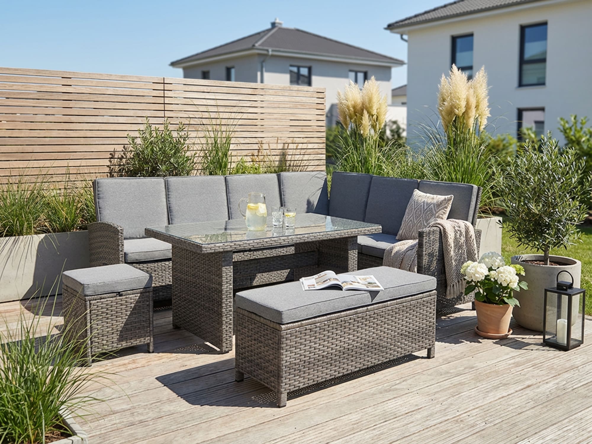 KONIFERA Gartenlounge-Set »Paris« Set, 2x 3er Bank, 1x Sitzbank, 1x Hocker, 1x Tisch 140x80x67cm, Aluminium, 17 Stk. tlg. inkl. Auflagen/Schutzhülle, Polyrattan, Rückenlehne verstellbar