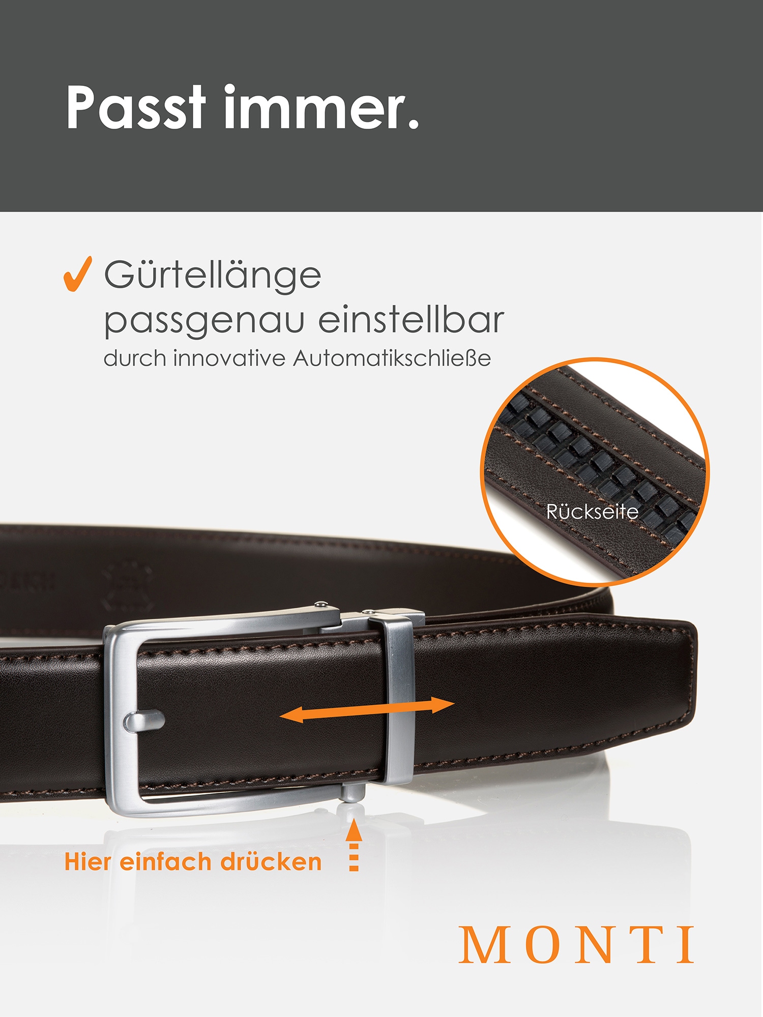 MONTI Ledergürtel, 3,5 cm breit, Klassisch-Business, Automatikschließe - Passt immer