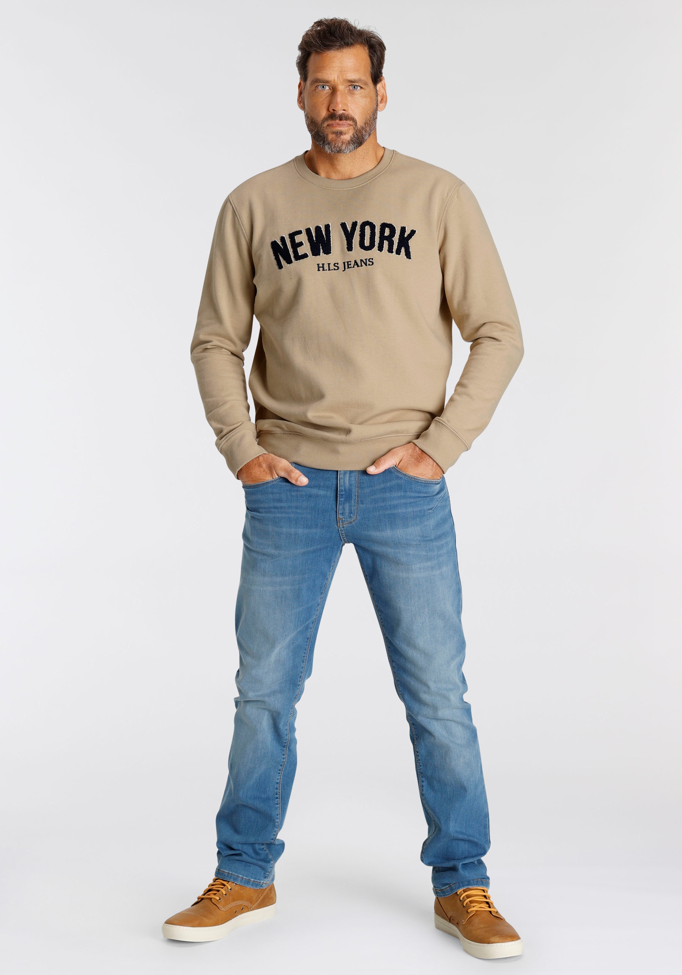 H.I.S Sweater, Langarm, lockere Passform, bestickte Optik, Rundhalsausschnitt