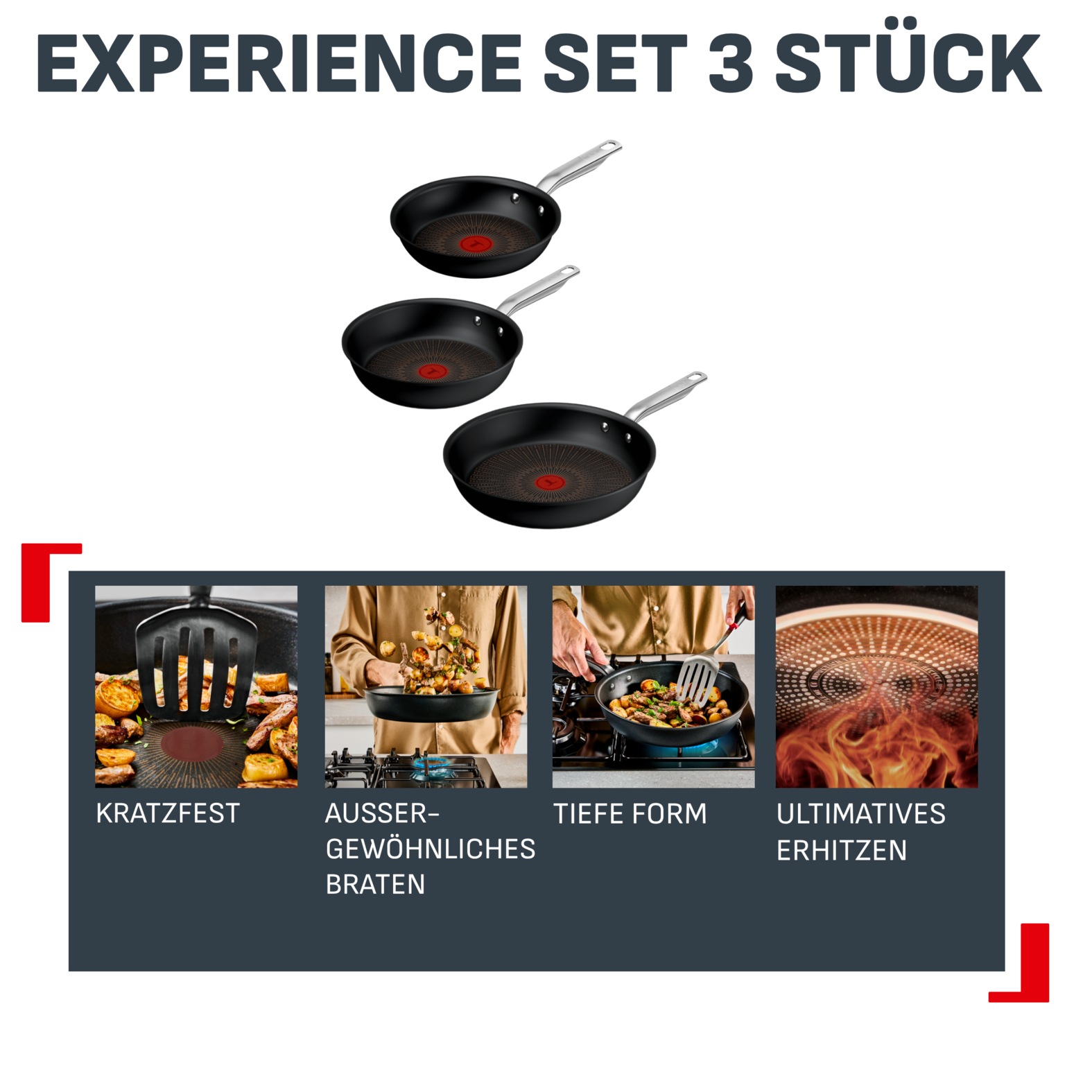 Tefal Pfannen-Set »Experience Unbreakable« Aluminium Set, 3x Bratpfanne 20/24/28 cm, 3 tlg. FusionCore Antihaftversiegelung, Induktion, Temperaturanzeiger