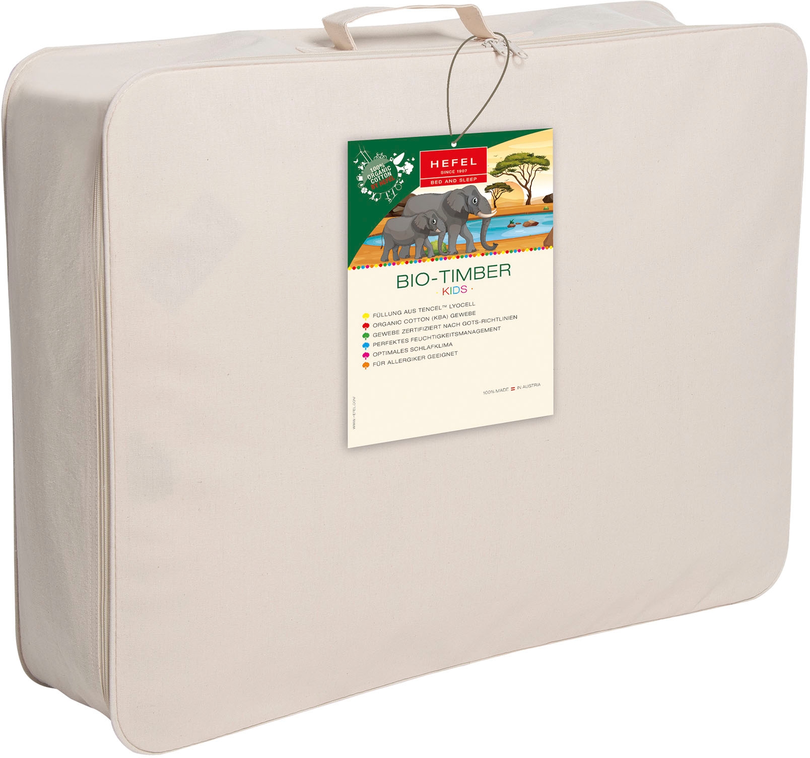Hefel Kinderbettdecke + Kopfkissen »Bio-Timber, 100x135 cm aus Naturfasern, Made in Austria«, (Spar-Set), Bettdecke & Kissen mit Organic-Cotton Satin-Bezug