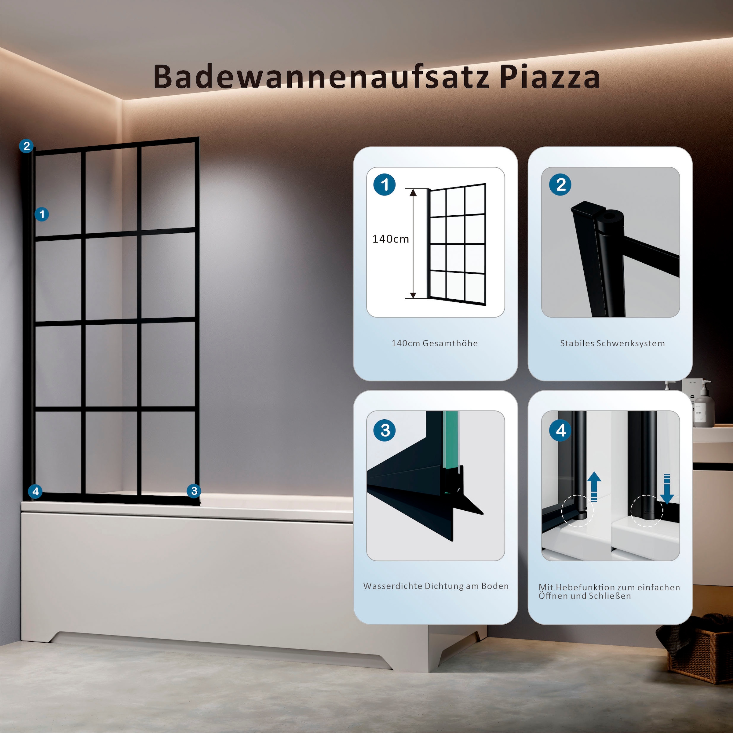 welltime Badewannenaufsatz 12-Geteilter Badewannenaufsatz in trendigem Schwarz