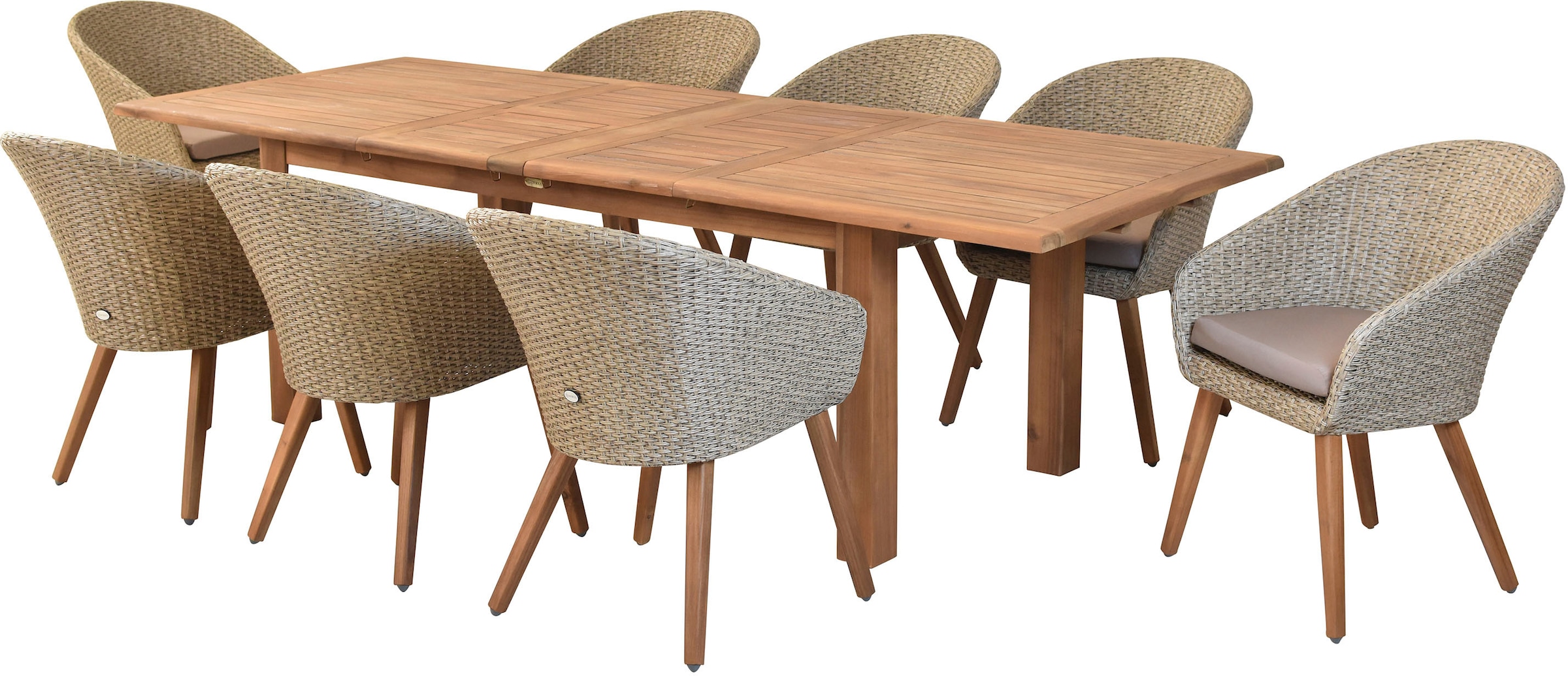 MERXX Garten-Essgruppe »»Arrone««, (Set, 9 tlg., Tisch doppelt ausziehbar: 100x 180/220/260x 75 cm), Sesselbeine aus Akazienholz, Beine 9x9 cm, Tischplatte 3 cm