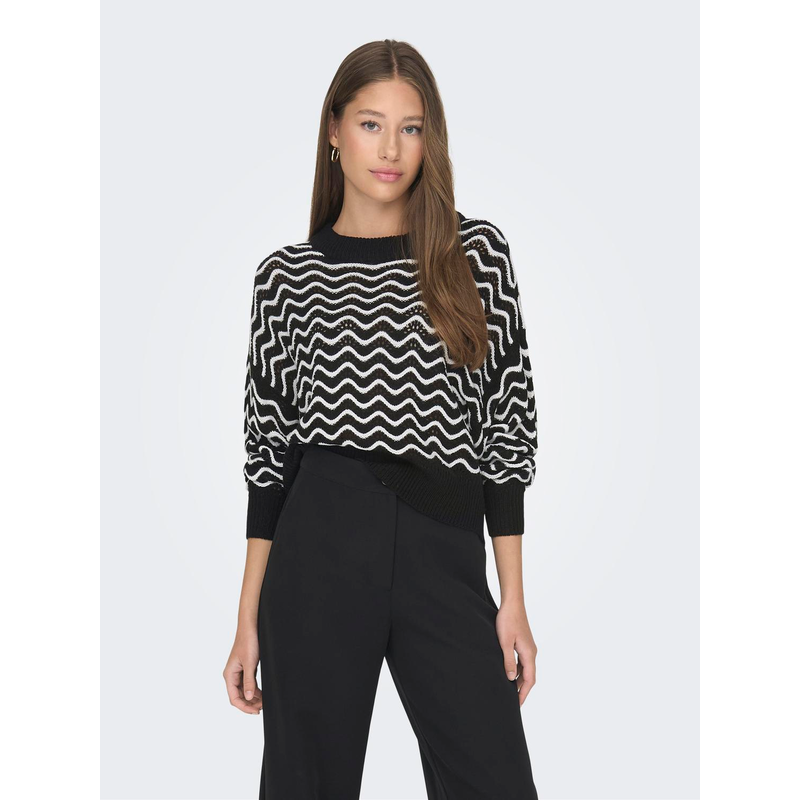 JDY Rundhalspullover »RITA L/S SHORT STRUC PULL KNT NOOS« Black Detail:W CLOUD DANCER ZIG ZAG PATTERN M (38) M (38) Pullover von JDY