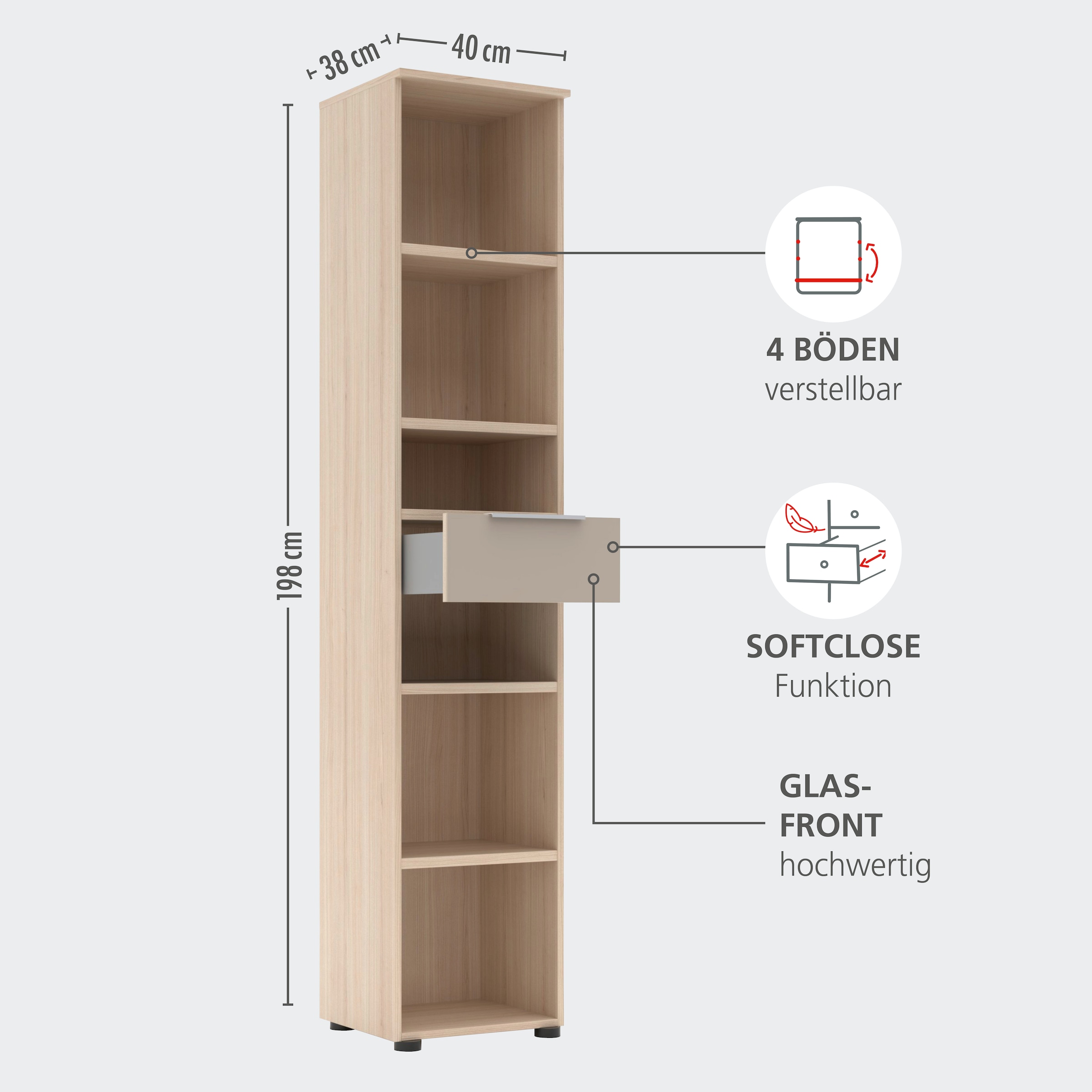 Innostyle Aktenregal »Büroregal Santorin, 40x 198x 38 cm (B/H/T)« 1 Stk. tlg. 1 Schubkasten, 6 offene Fächer, Softclose, Metallgriff