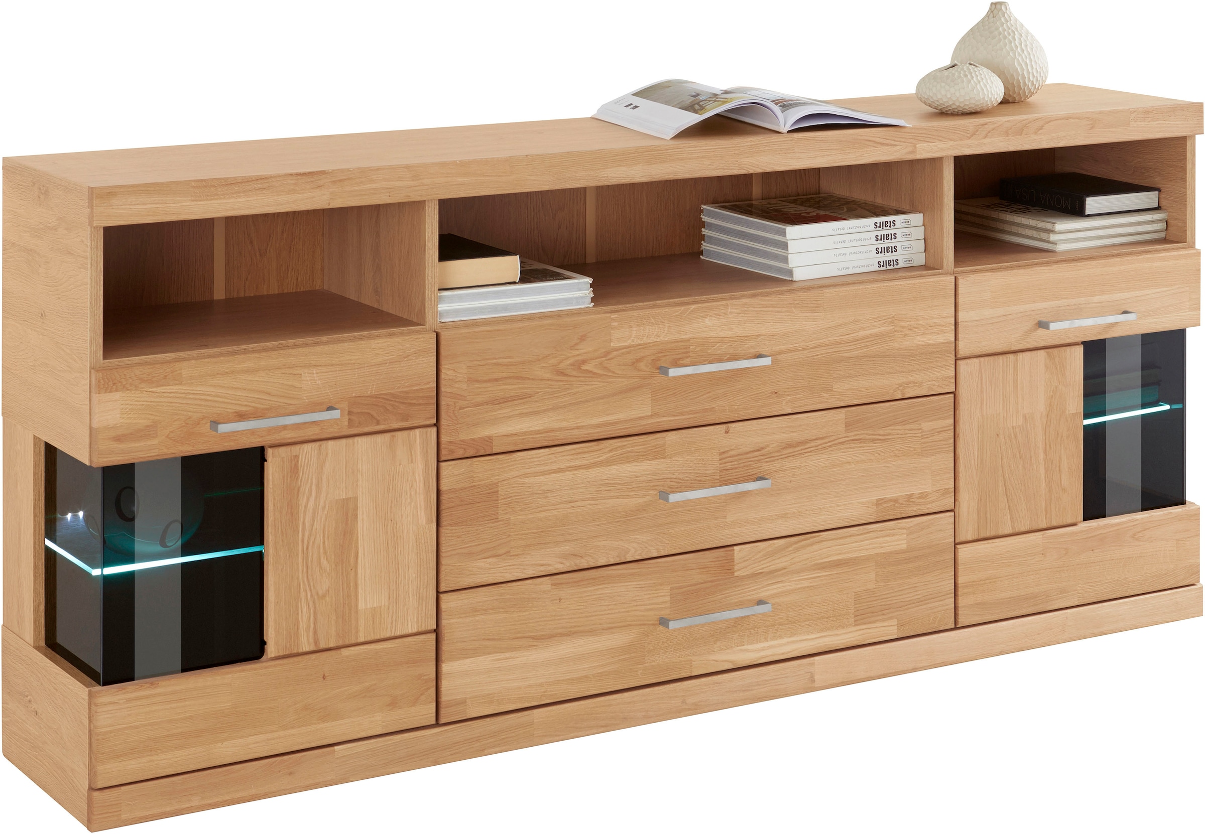 Home affaire Sideboard »Ribe,180cm breit, Fronten Massivholz,7 Fächer,Böden versetzbar«, Korpus Holzwerkstoff,Türen mit Glaseinsatz,3 breite Schubladen