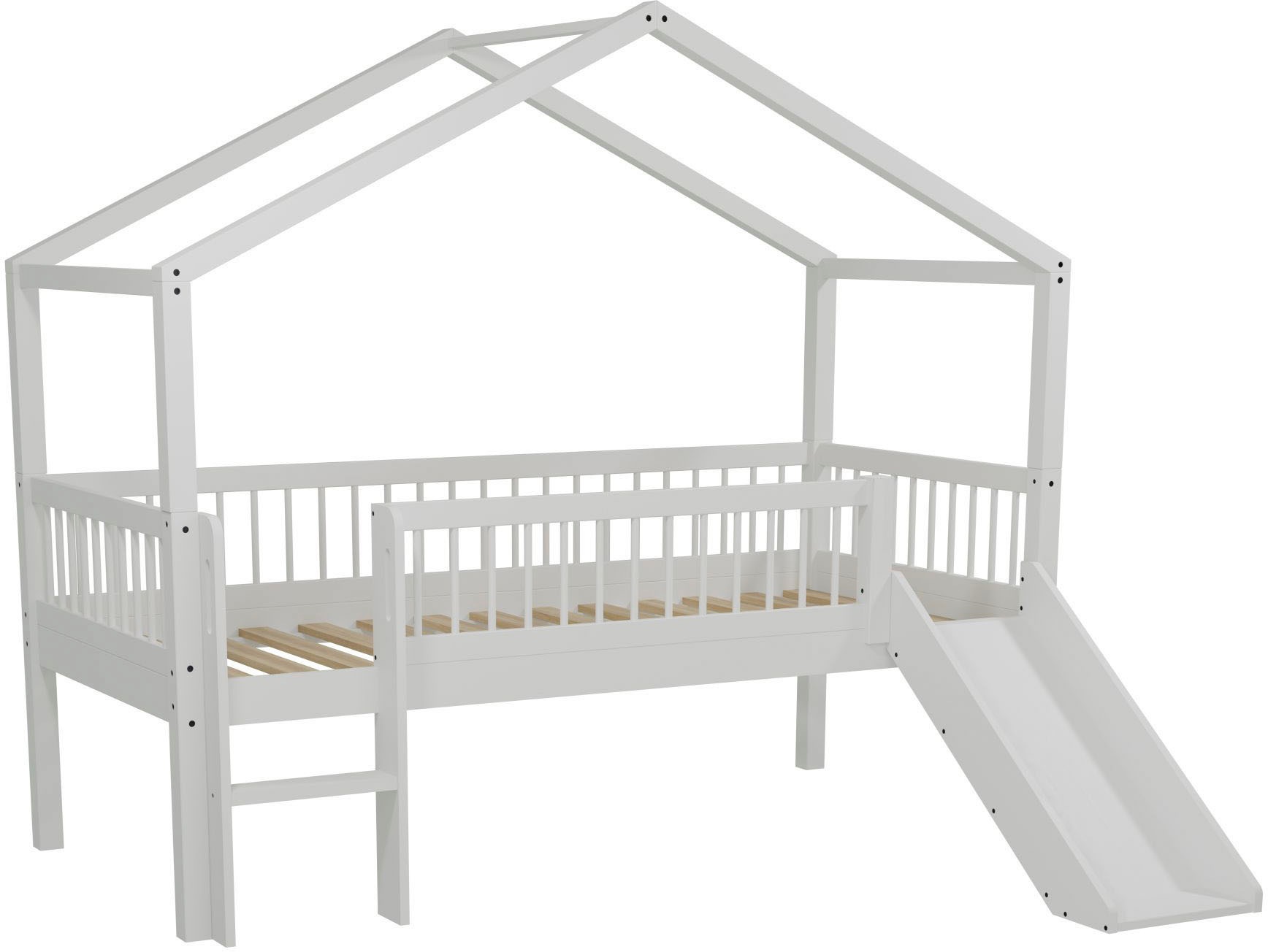 Vipack Hausbett »Forrest Ist Ein Hochwertiges Massivholz Haus Bett "Made In Europe"« Inkl. Rolllattenrost, Dachaufbau, Absturzschutz, Leiter Und