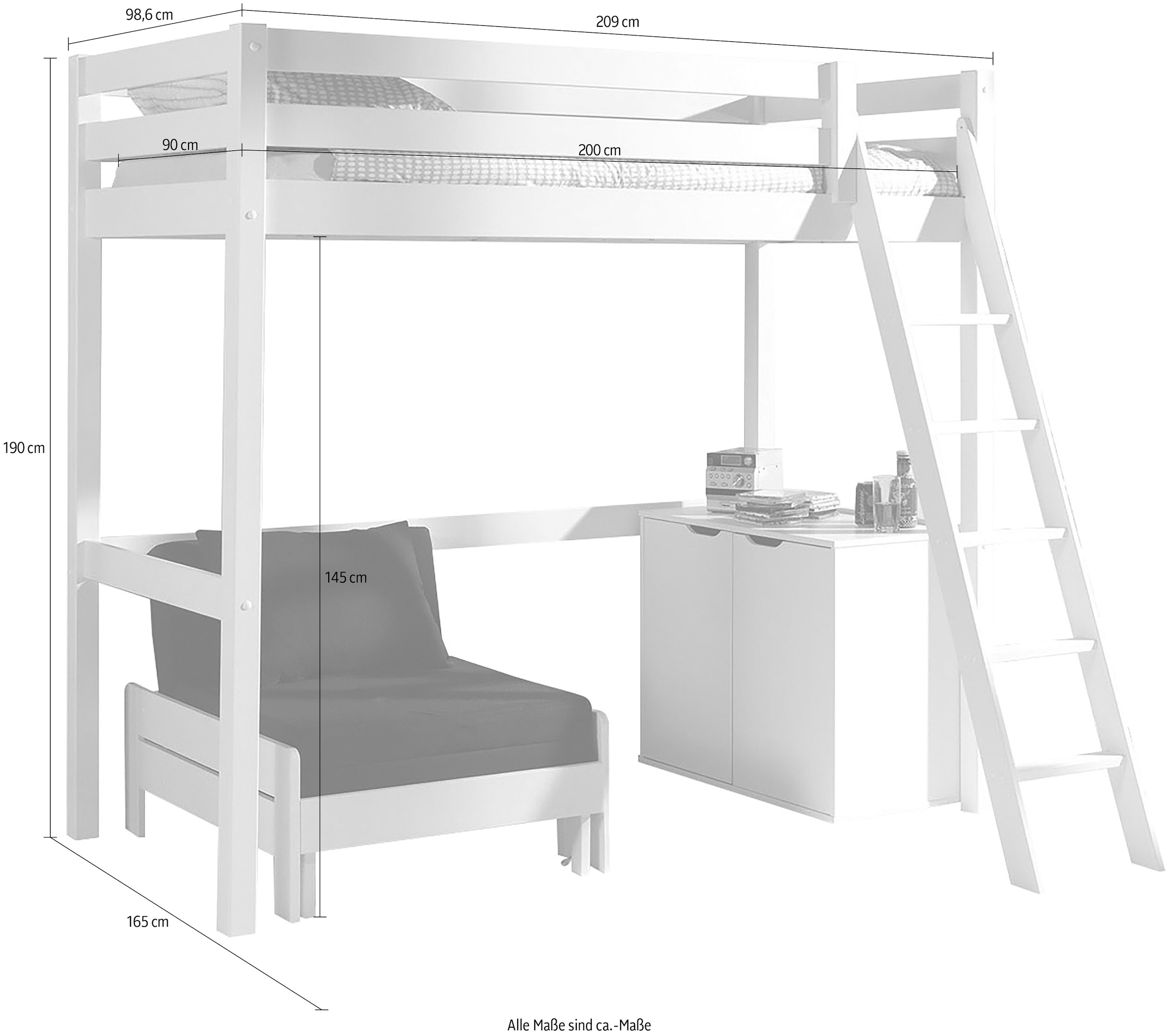 Vipack Hochbett, (Made in Europe), Hochbett mit 90 x 200 cm Liegefläche, ausziehbarer Schlafsessel