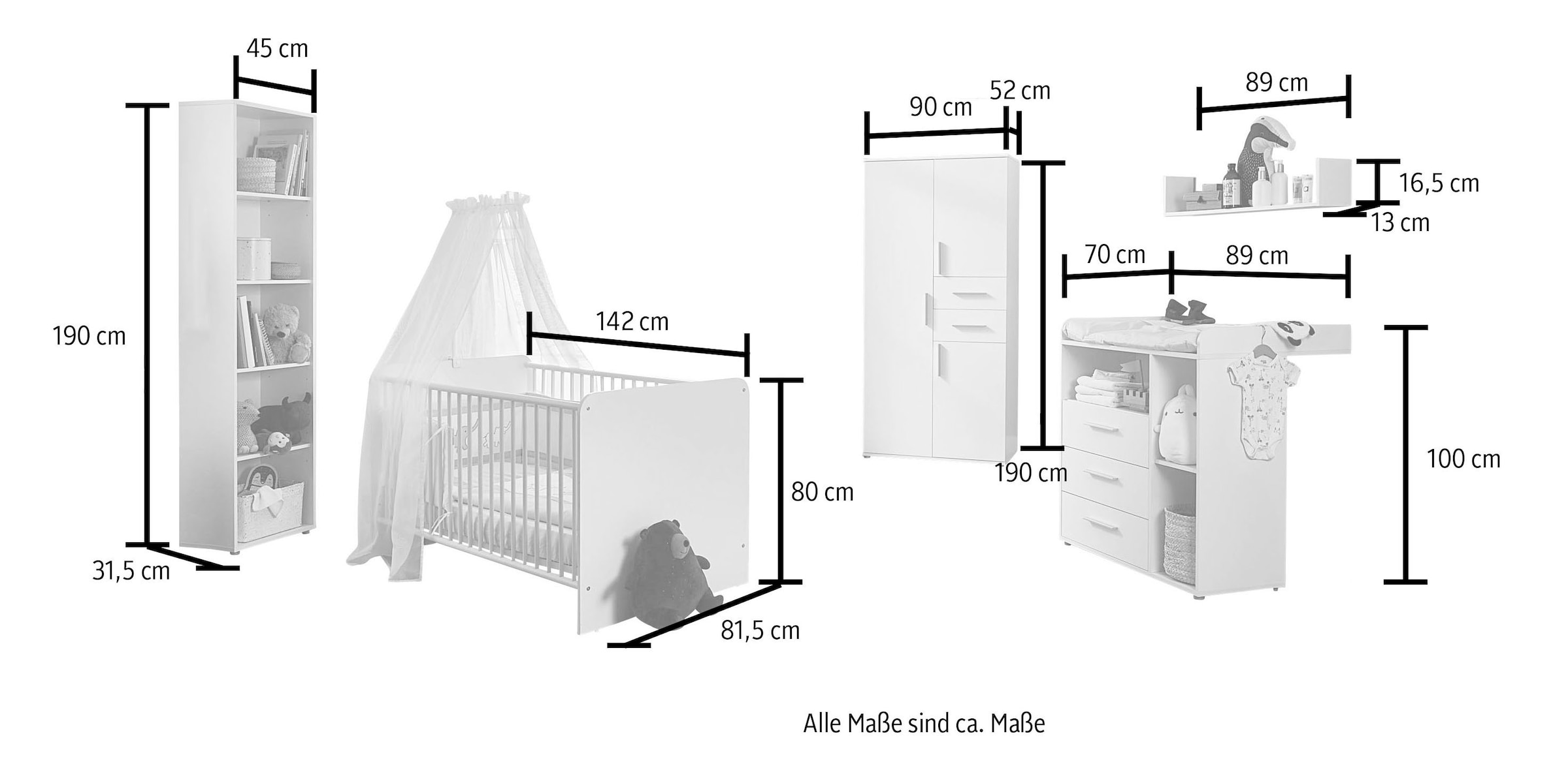BMG Möbel Babyzimmer-Komplettset »Lea«, (Set, 5 St., Bett, Wickelkommode, Schrank, Standregal, Wandboard), Bett + Wickelkommode + 3-trg. Schrank + Standregal + Wandboard