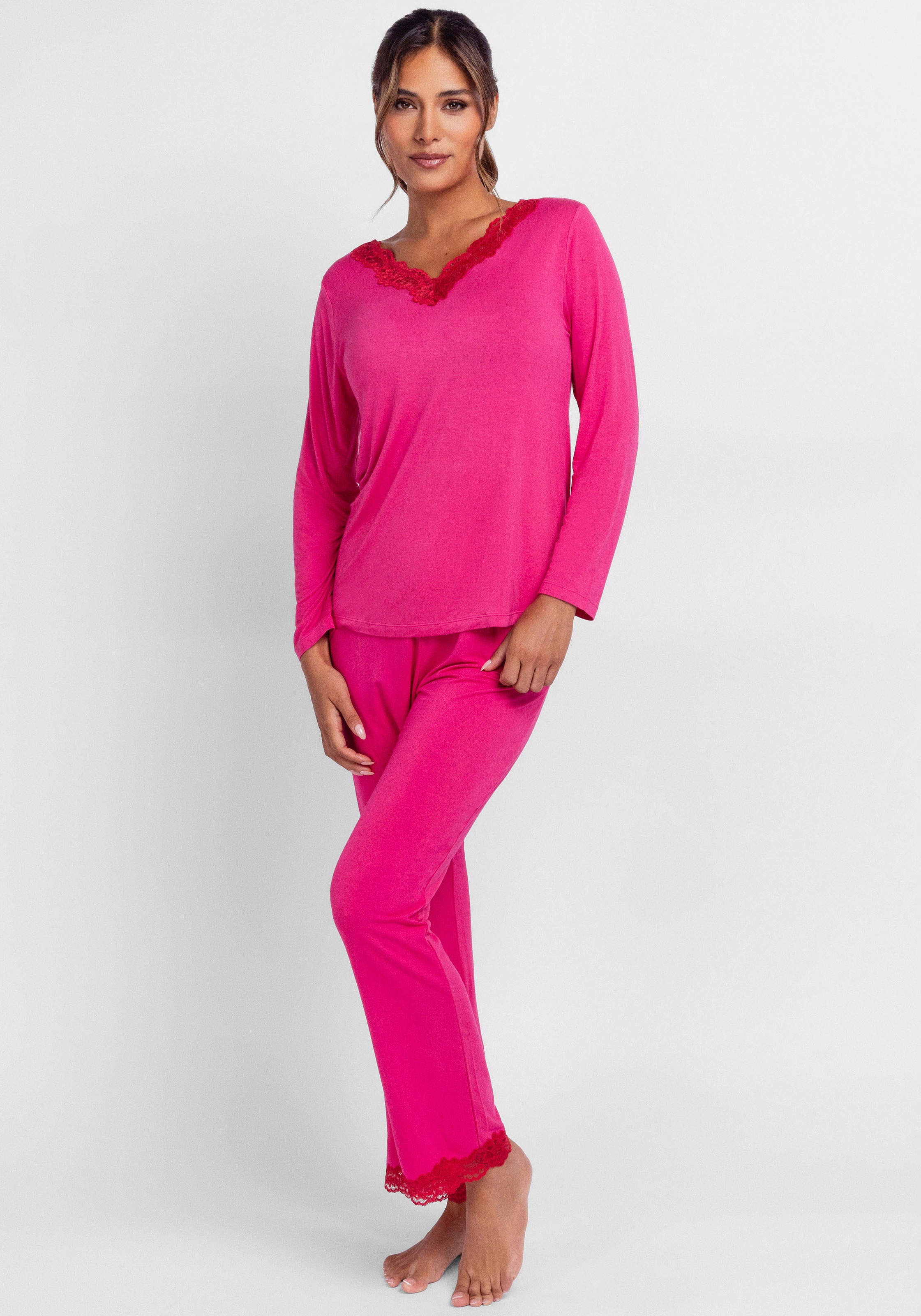 Dorina Pyjama »ORIGINS« Set, 2 tlg. Spitze, weich, Langarm, bequem, feminin