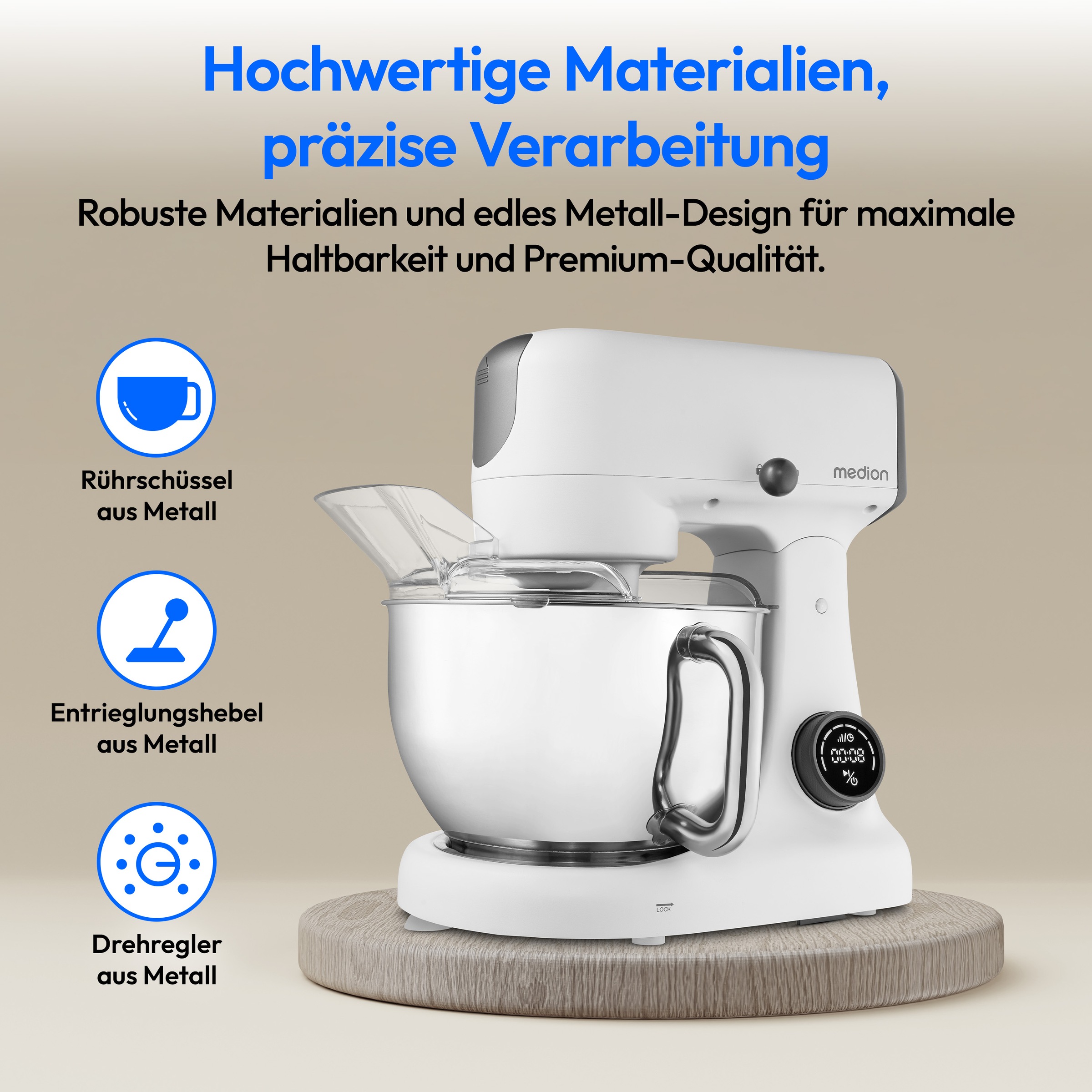 Medion® Küchenmaschine »MD 12600, 8 Geschwindigkeitsstufen, Impulsfunktion, DC-Motor, 4,6 L«, Mit umfangreichem Zubehör-Set, Fleischwolf-Aufsatz, Gemüsereibe