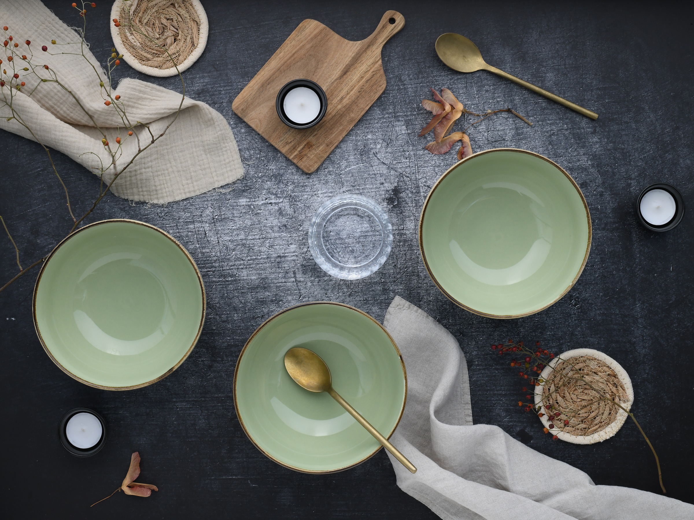 CreaTable Schale »Nature Collection, Buddha Bowl 4-tlg«, 4 tlg., aus Steinzeug, Handwerklicher Look, Vintage, Höhe 7,5 cm