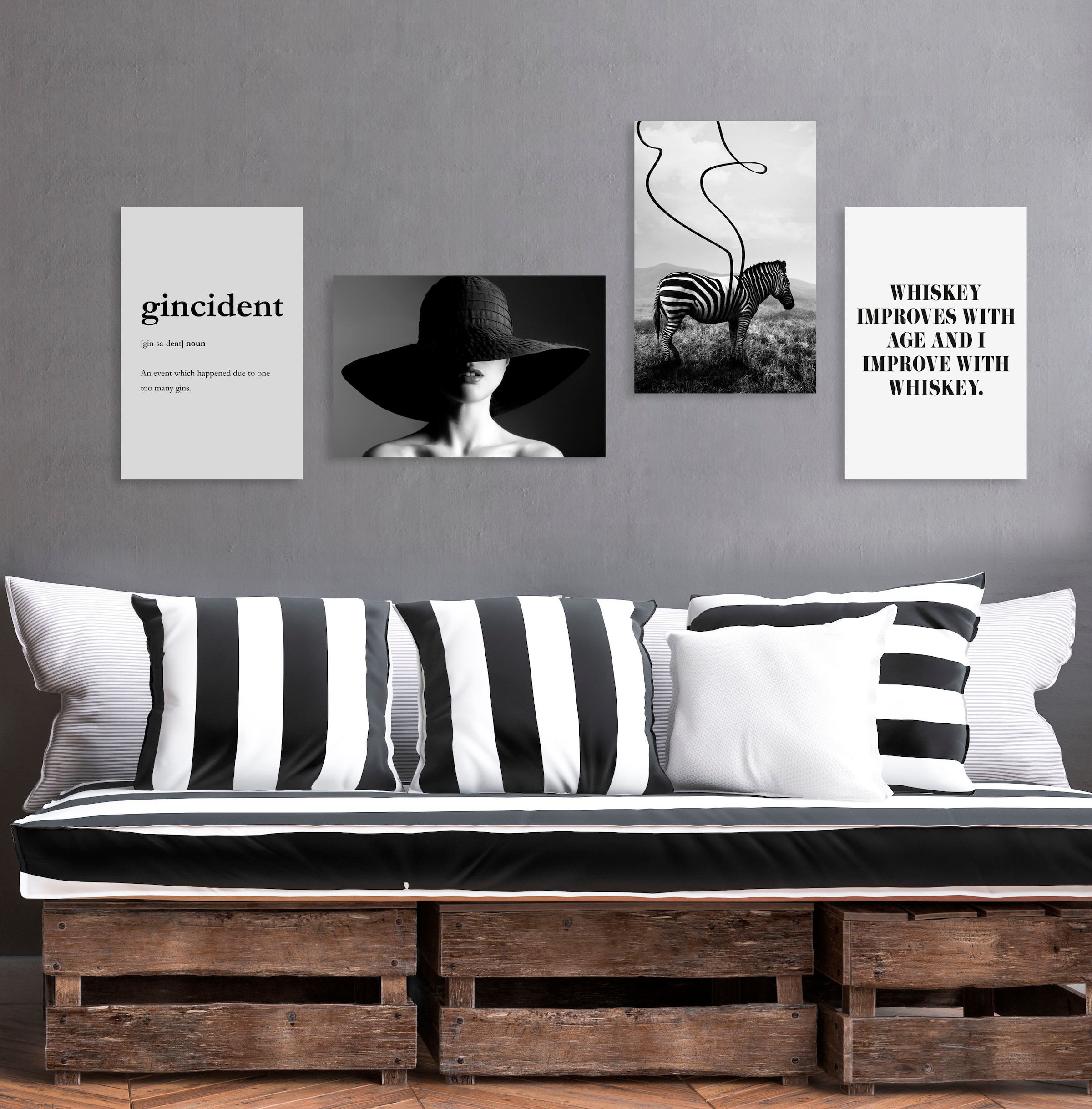 queence Bild »WHISKEY«, Schriftzug-Humor-Sprüche & Texte-Schwarz-Weiß, (1 St.), HD Premium Poster-Druck inkl. Holzrahmen