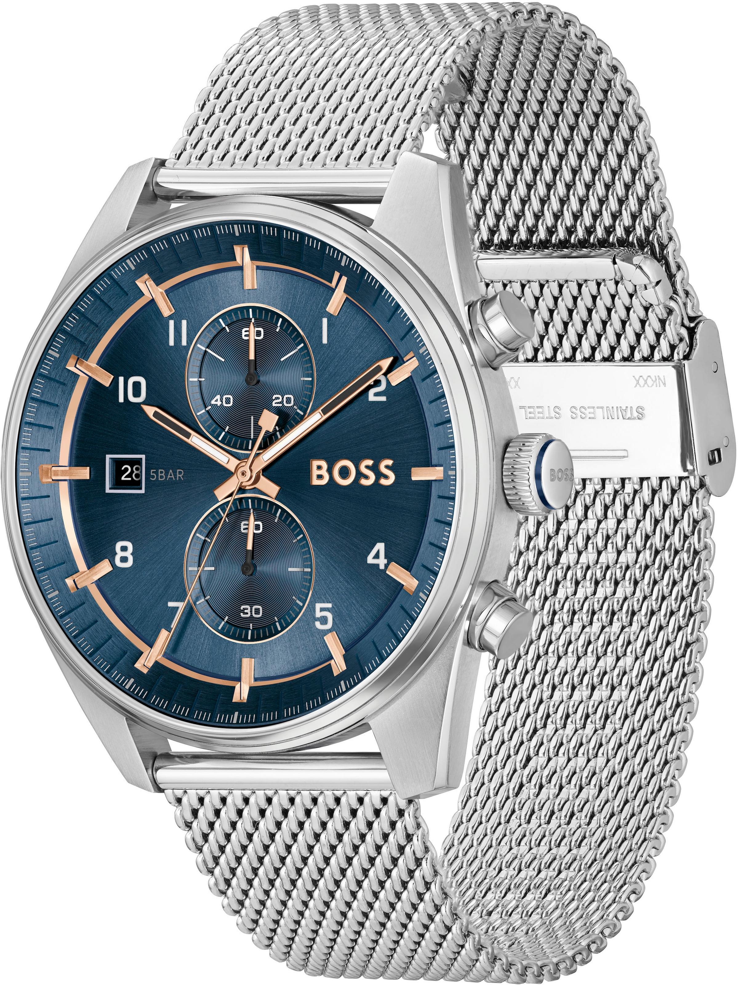 BOSS Chronograph »SKYTRAVELLER«, Quarzuhr, Herrenuhr, Armbanduhr, Stoppfunktion, Edelstahlarmband
