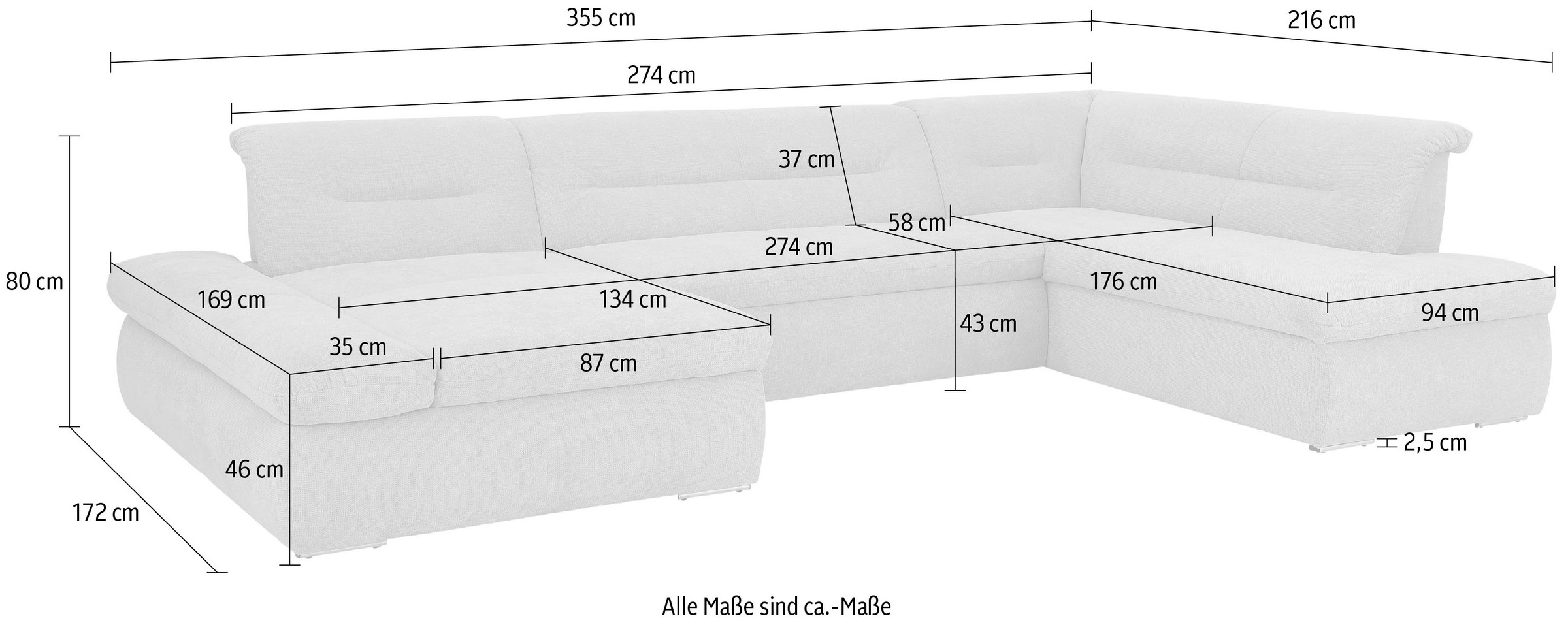 Home affaire Wohnlandschaft »Avesa U-Form« Wahlweise mit Armteilverstellung und Bettfunktion, B/T/H: 355/216/80cm