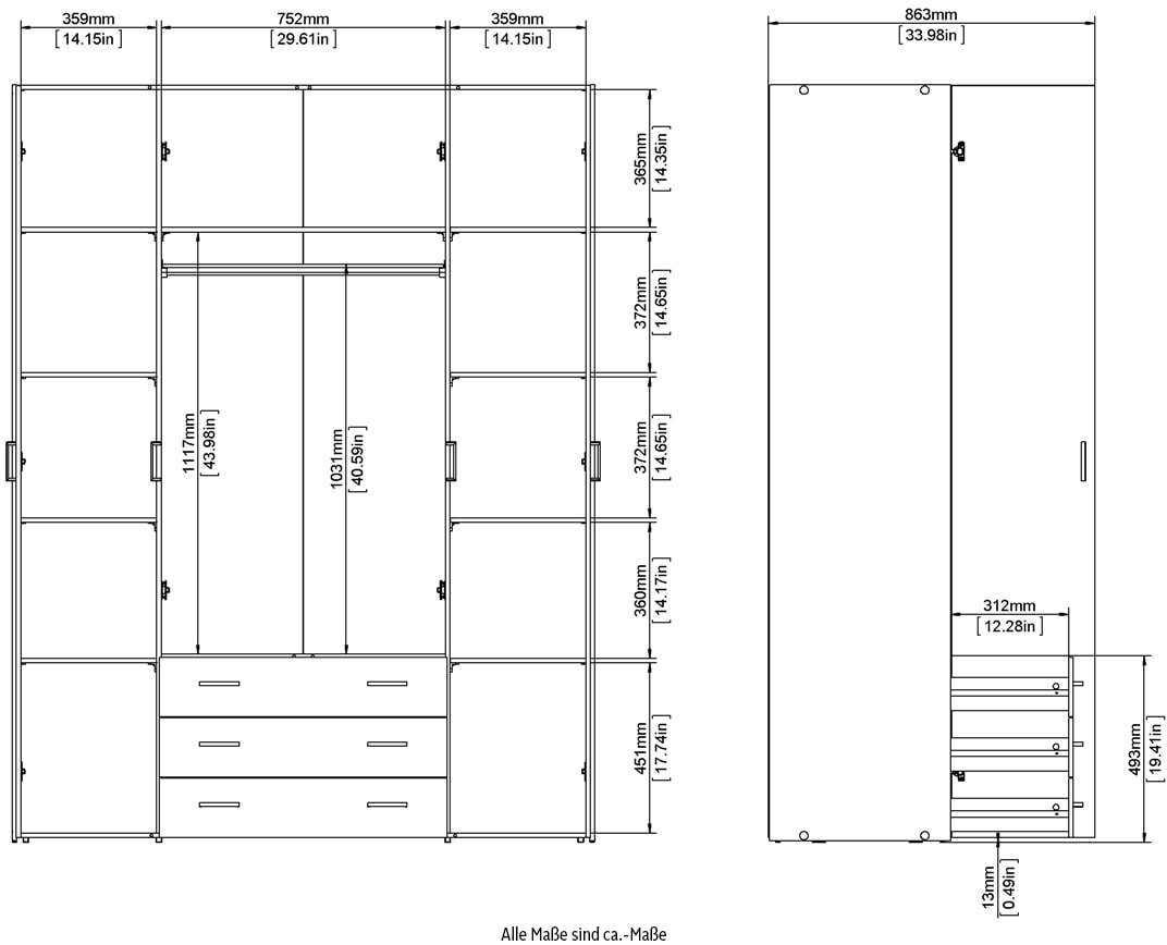 Home affaire Kleiderschrank, Mit viel Stauraum, graue Stangengriffe, Gr. ca. 200,4 x 154 x 49,5 cm