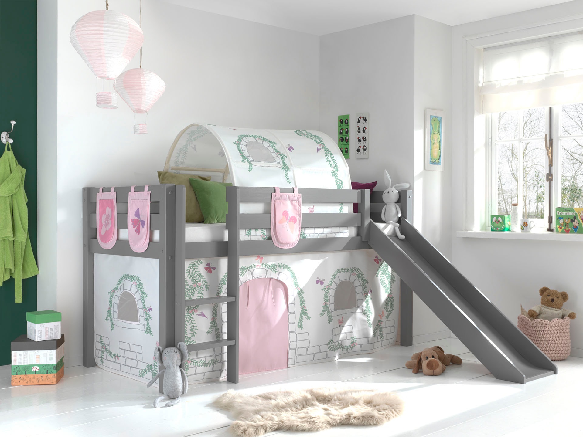 Vipack Hochbett »Pino«, (Made in Europe), Massivholz, Textil-Set "Birdy", wahlweise mit Rutsche und Bett-Tunnel
