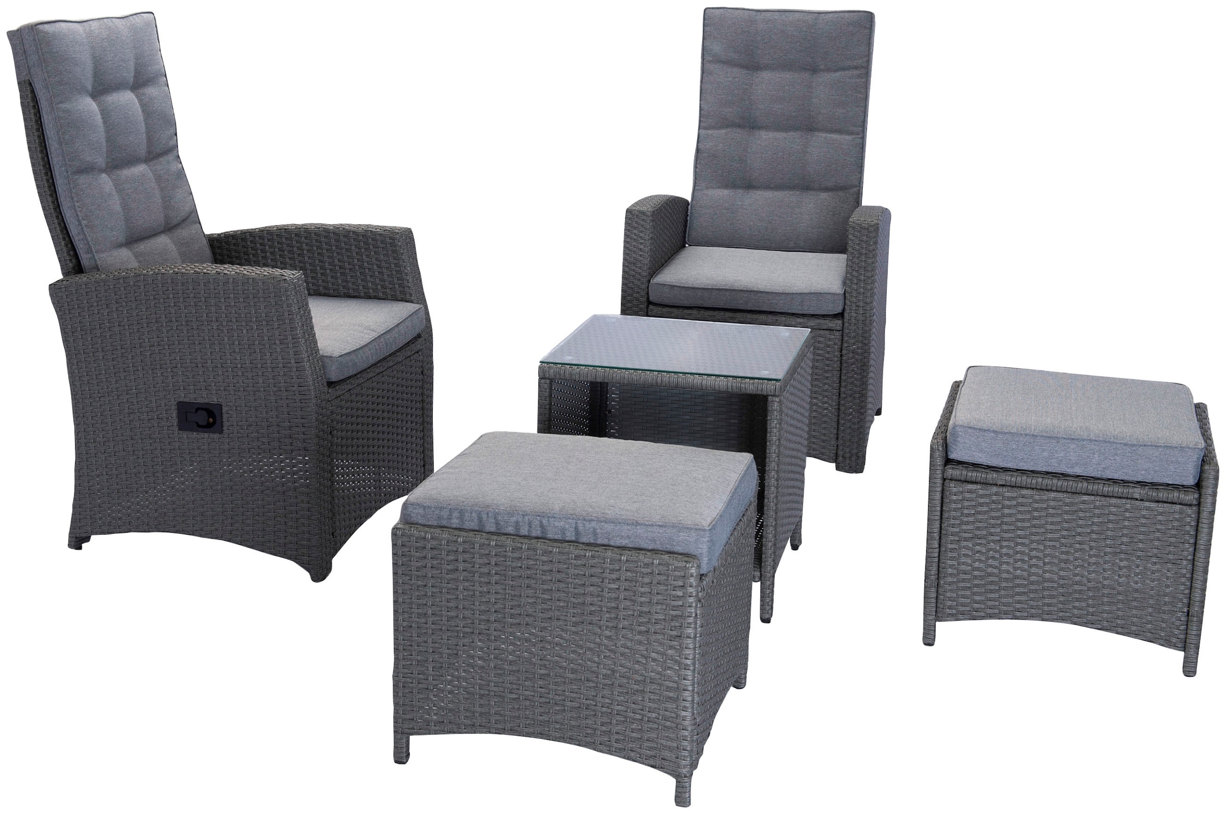 KONIFERA Gartenlounge-Set »Paris«, (Set, 9 tlg., 2x Sessel, 2x Hocker, 1x Tisch 50x50x51,5 cm, inkl. Schutzhülle), verstellbare Rückenlehne, Polyrattan, Aluminium, inkl. Auflagen