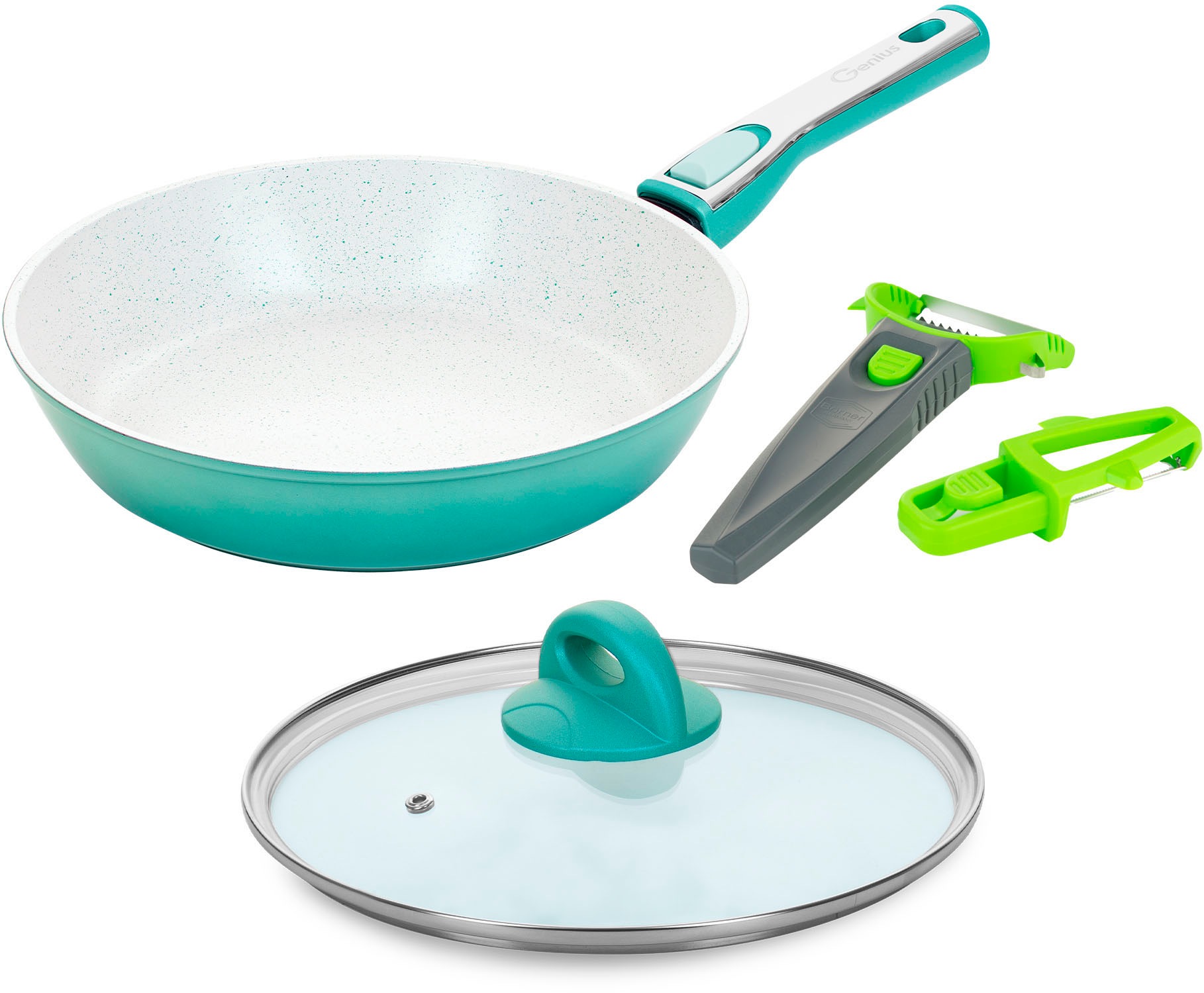 Genius Pfannen-Set »Cerafit Revolution Pfanne Ø 28 cm inkl. Börner Multi Peeler«, (Set, 5 tlg., Pfanne, Ø 28 cm, aquagrün, Börner Multi peeler 3er-Set, grün), Antihaft-Pfanne mit neuer und herausragender Keramikbeschichtung