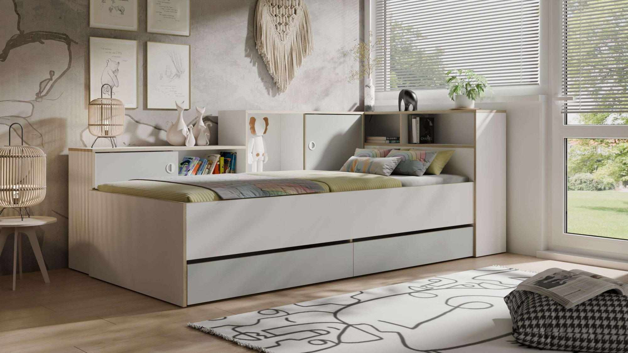 Home affaire Jugendbett »ELLETE Stauraumbett 90x200 cm, Maße B/T/H: 231,5/125,5/88,5 cm«, Bett ohne Matratze mit 2 Schubladen, 2 Türen und 6 Fächer