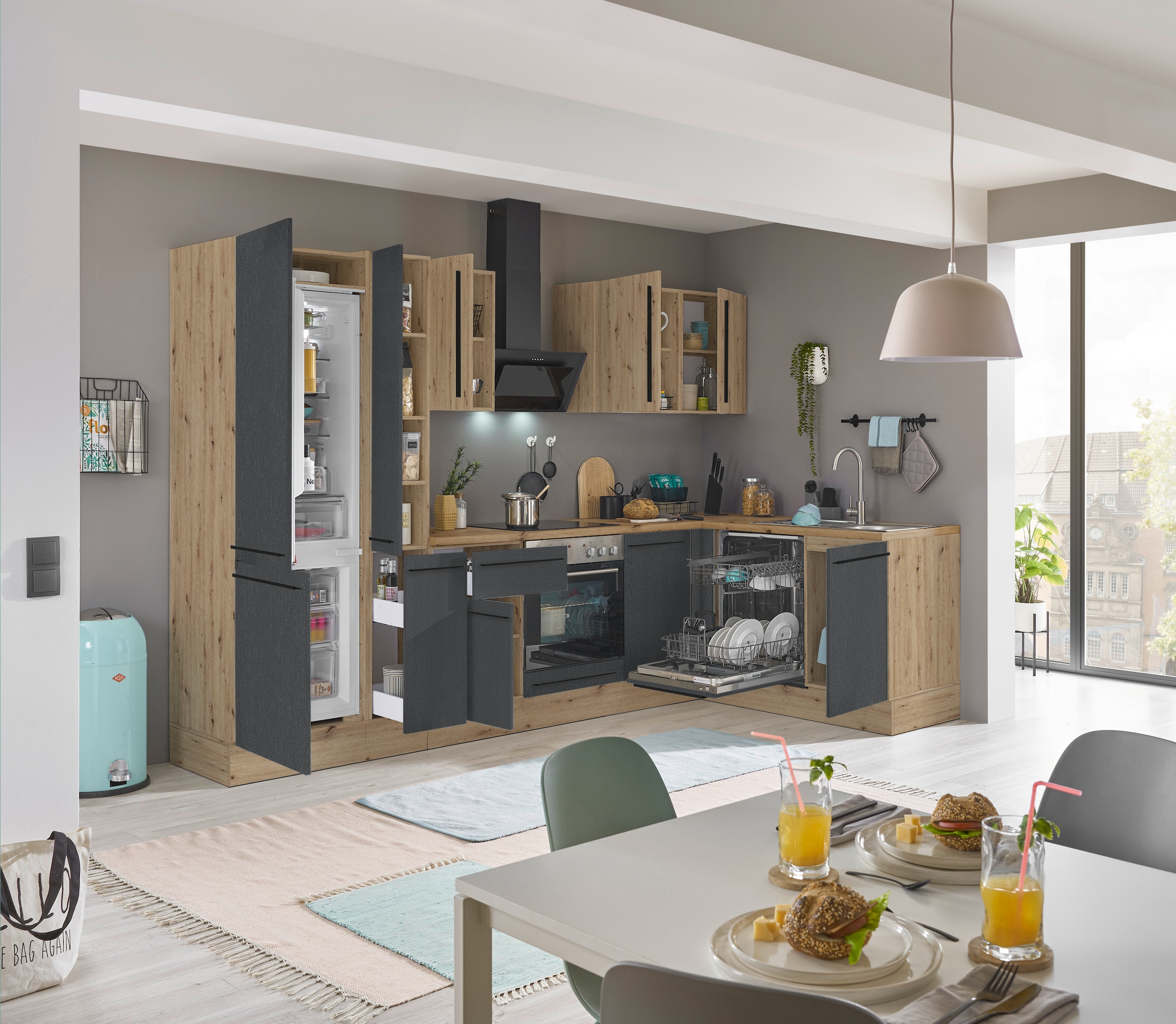 KOCHSTATION Winkelküche »Florida, Stellbreite 310x175 cm« wahlweise mit E-Geräten, mit Softclose für Türen und Schubkästen