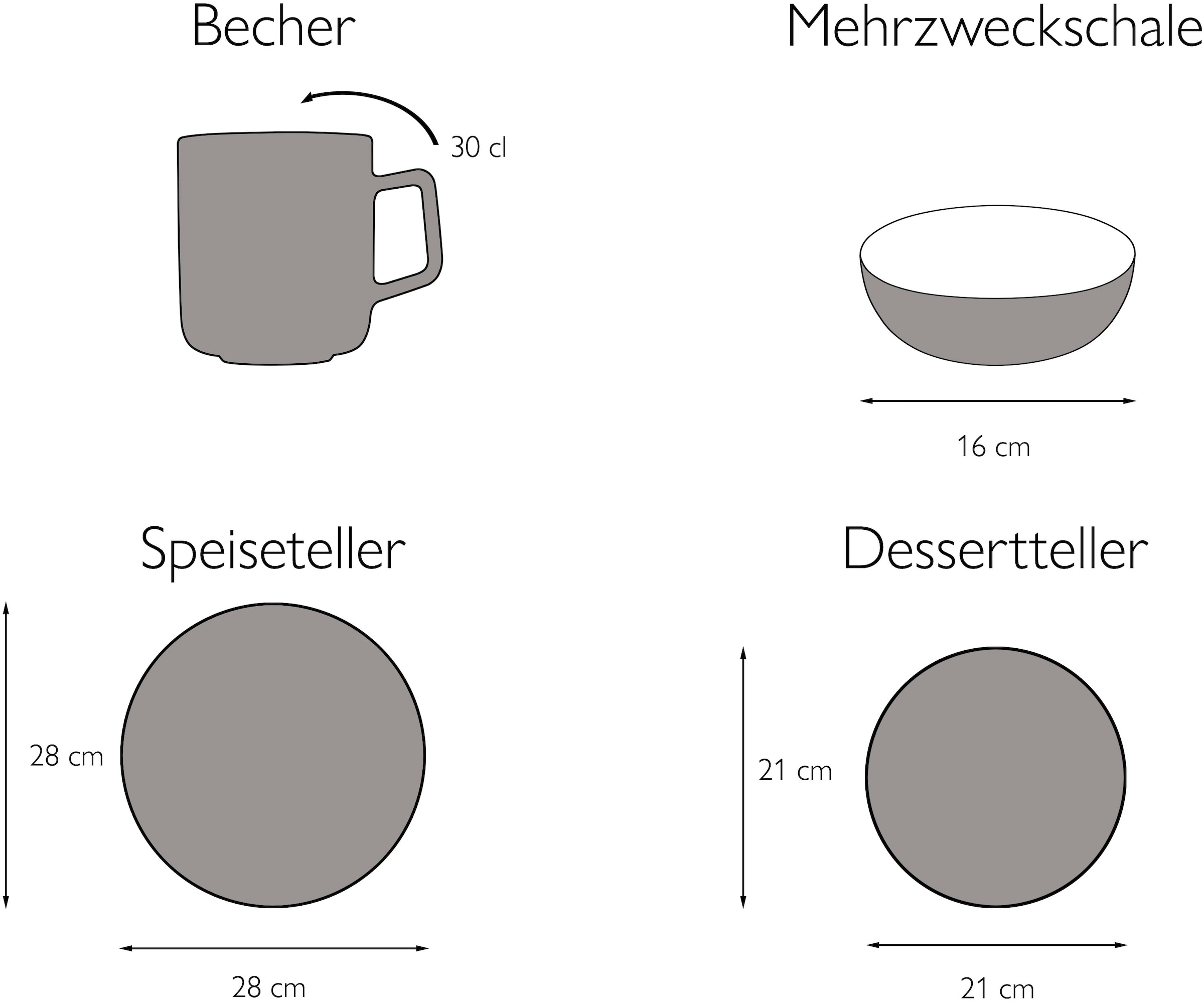 CreaTable Kombiservice »Uno«, (Set, 16 tlg., Kaffeeservice und Tafelservice im Set, für 4 Personen), seidenmatte Oberfläche, jedes Stück ein Unikat