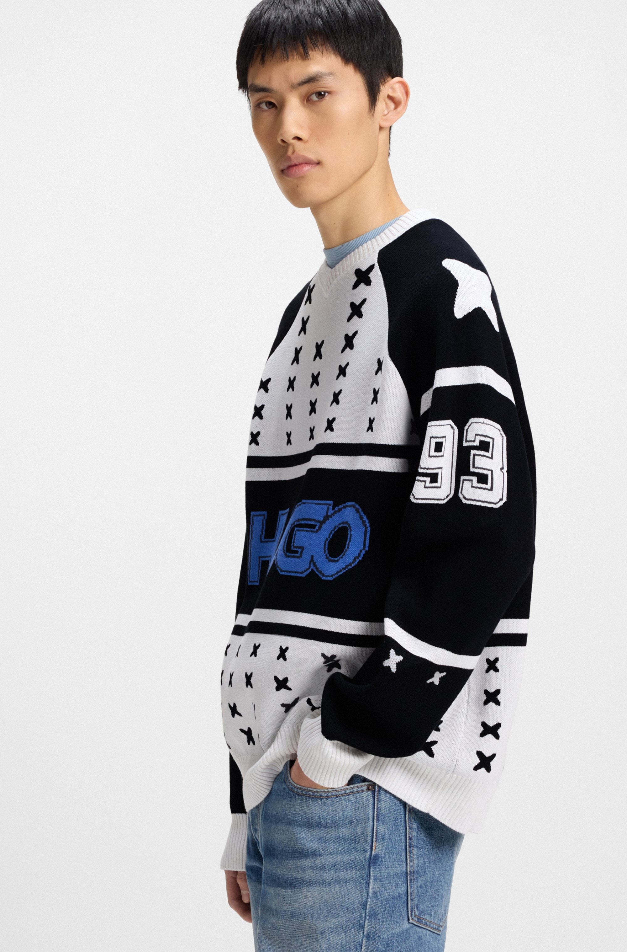 HUGO Blue V-Ausschnitt-Pullover »Shalock«, mit aufwendiger Intarsie