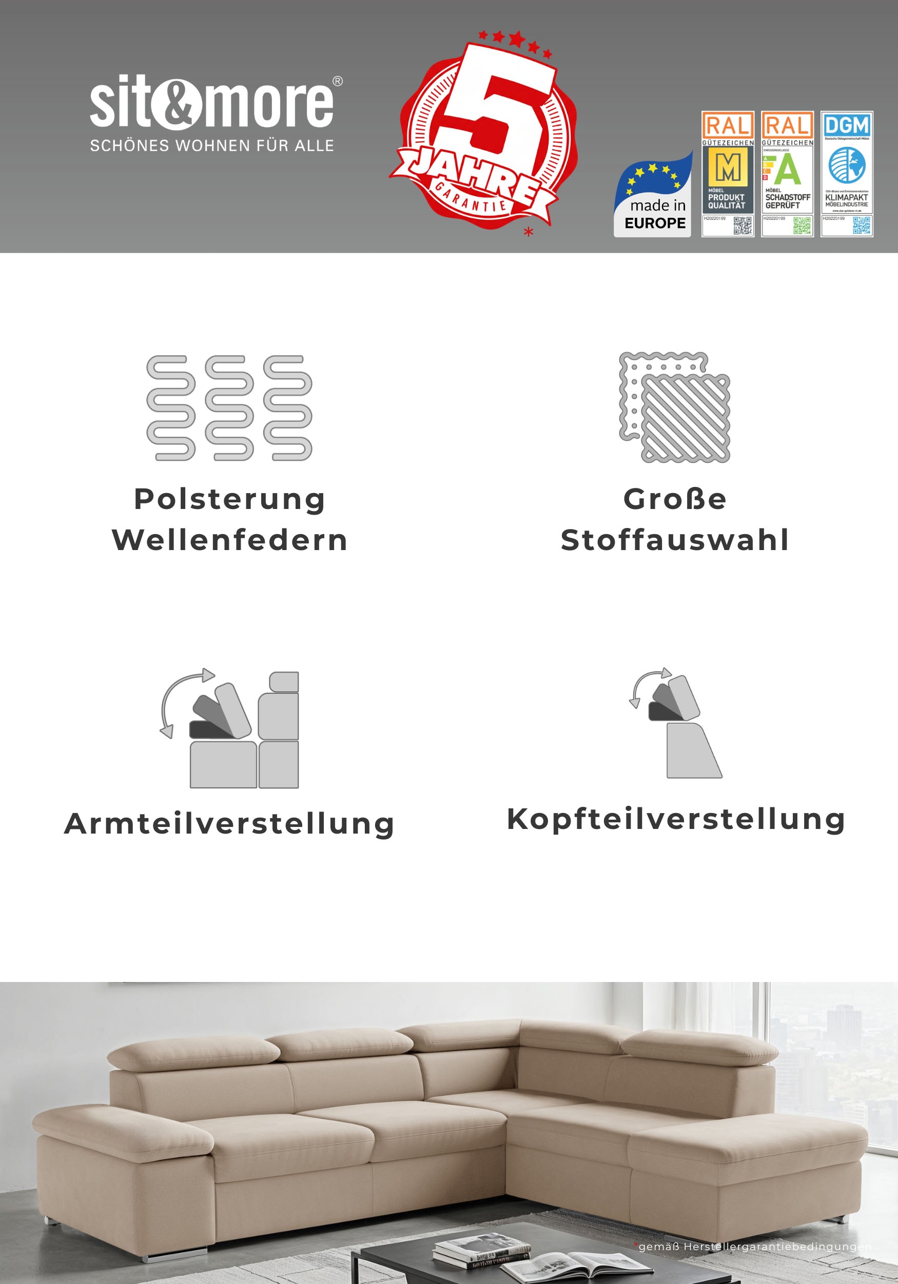 sit&more Ecksofa »Valantine L-Form, B: 272 cm« mit Arm- & Kopfteilverstellung, optional mit Schlaffunktion