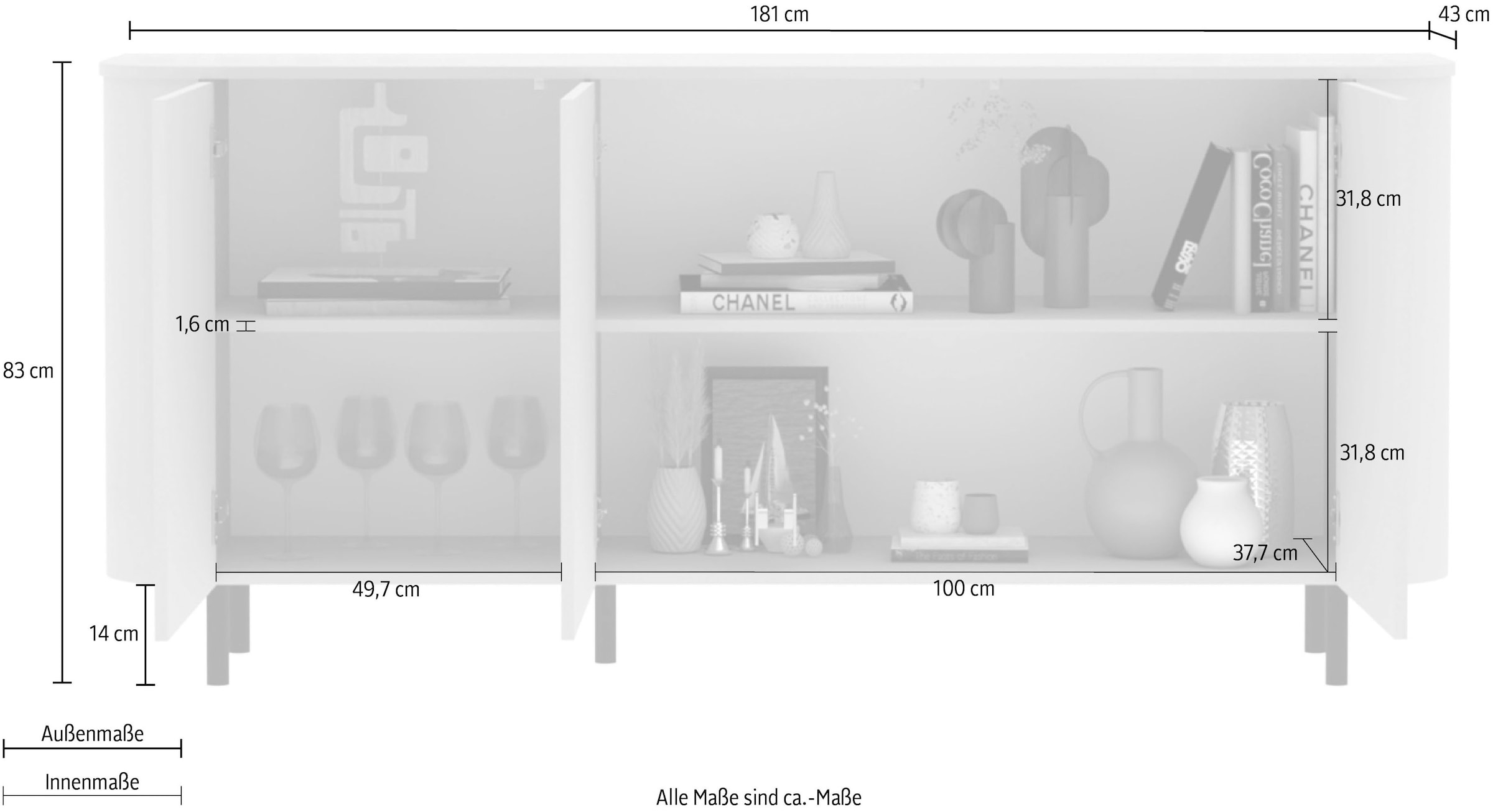 INOSIGN Sideboard »Lido, 181 cm breit, 3 Türen, Anrichte, Kommode, Stauraumschrank« Formgebogenes MDF, Stirnseiten mit Rundung, Push-to-open, Metallfüße