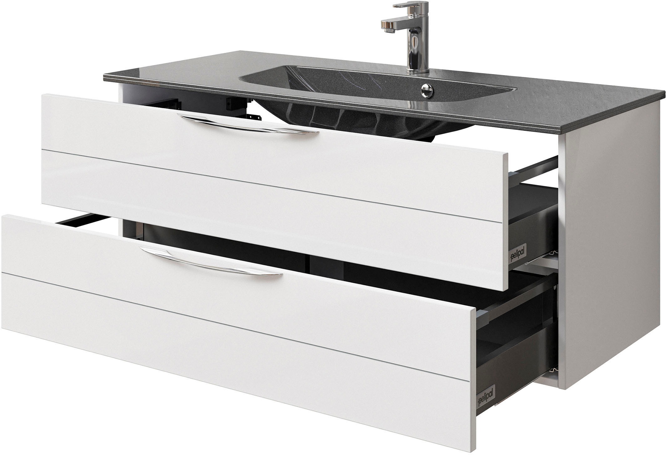 Saphir Badmöbel-Set »Serie 6025 2-teilig Mineralmarmor-Waschtisch mit LED-Spiegelschrank«, (2 St.), Waschplatz 117cm breit, 2 Schubladen, 3 Spiegel-Türen, inkl Türdämpfer