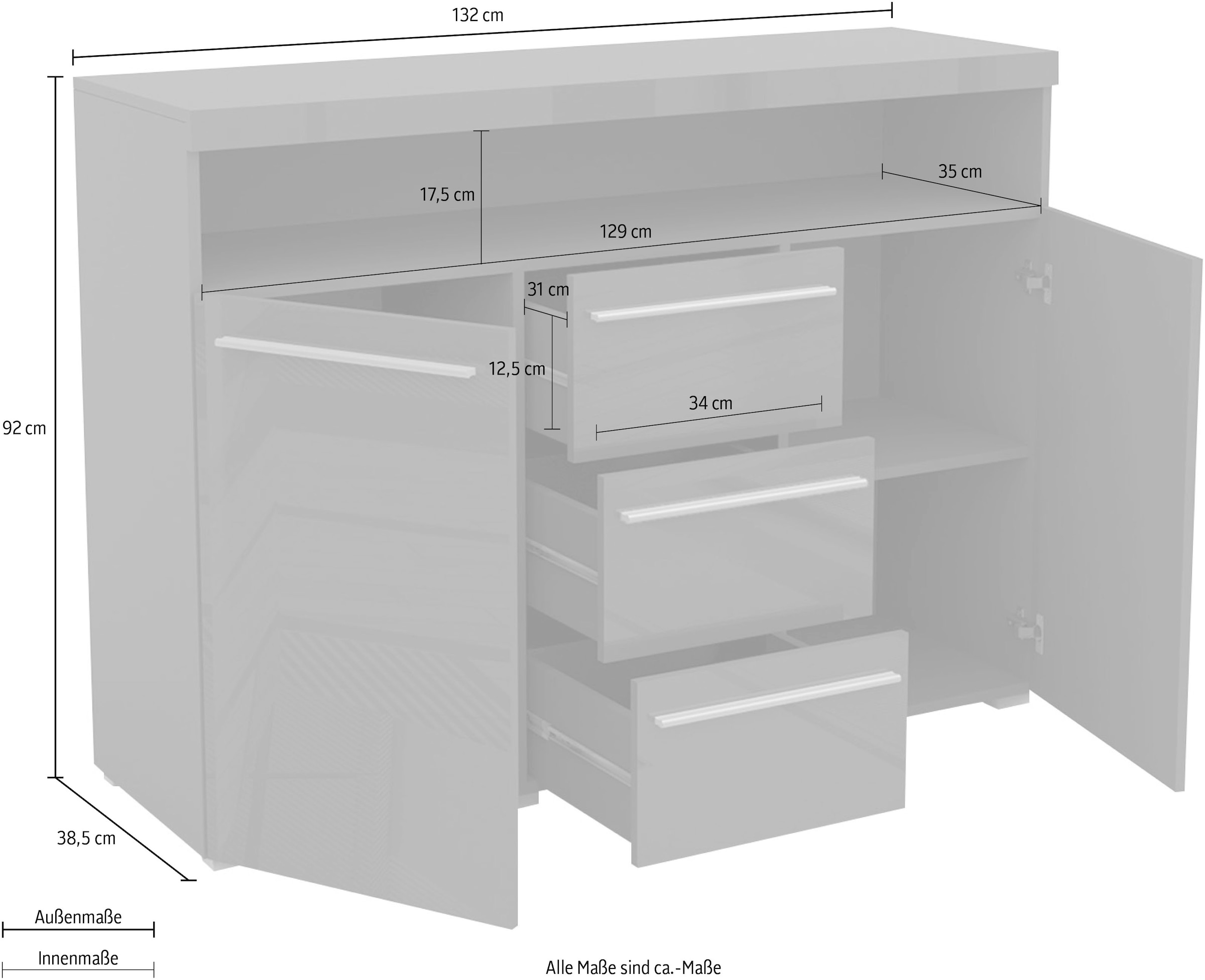 INOSIGN Sideboard »India,Breite 132cm stilvolle Anrichte mit 2Türen, 3 Schubladen«, Kommode viel Stauraum, Einlegeböden verstellbar,ohne Beleuchtung
