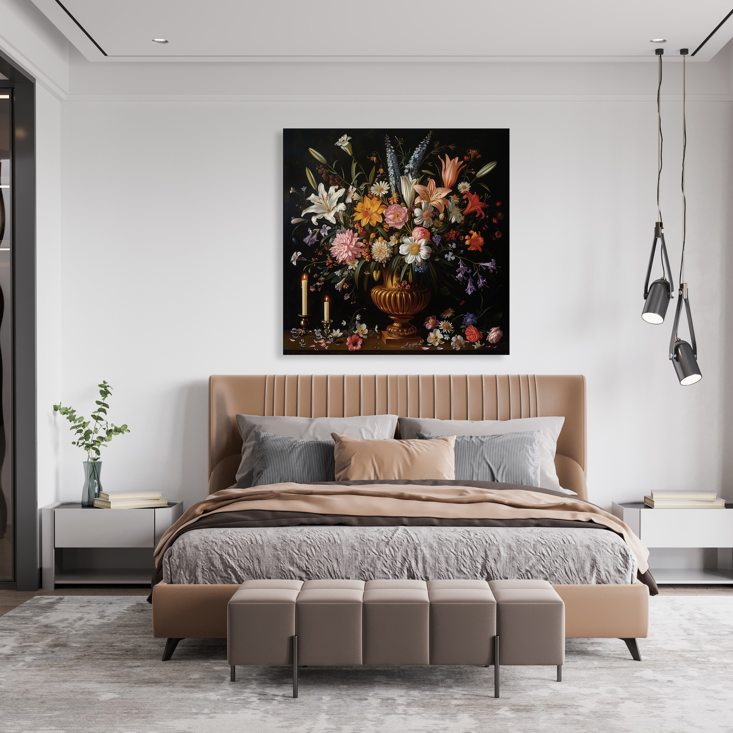 queence Leinwandbild »Blumenstrauß und Kerzen«, Blumen-Blumenbilder-Gemälde-Kunst-Pflanzen-Pflanzenbilder-Romantisch-Stillleben-Vasen-Vasen & Töpfe, (1 St.), Premium-Leinwandstoff, Handarbeit aus Deutschland