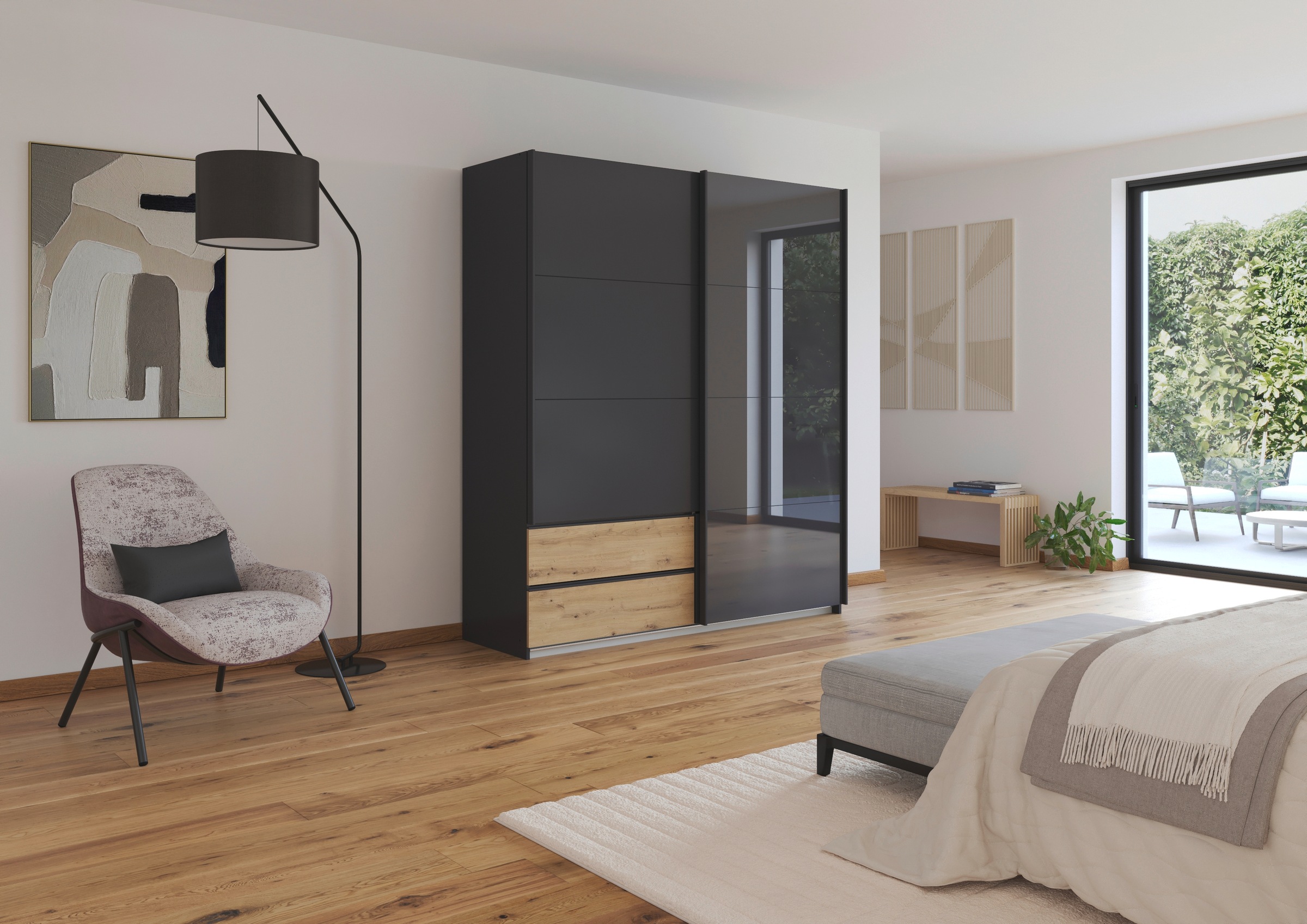 rauch Schwebetürenschrank »Kleiderschrank Schrank Garderobe ELARA Glastür/Grauspiegel«, praktische Schubladen optional farblich abgesetzt MADE IN GERMANY