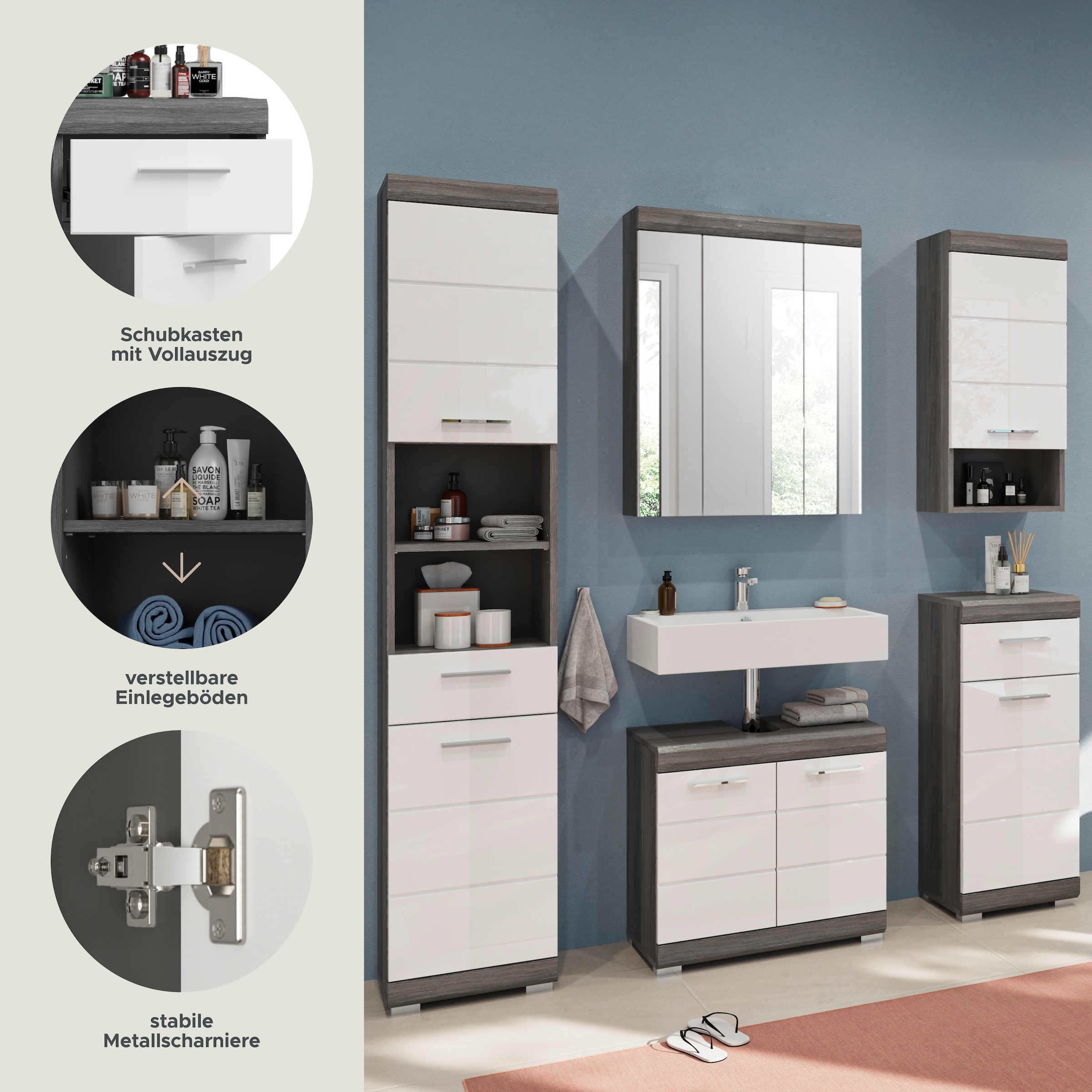 INOSIGN Badmöbel-Set »Siena, 5 teilig, bestehend aus:«, (Set, 5 St.), Hochschrank, WBU, Spiegelschrank, Unterschrank, Hängeschrank