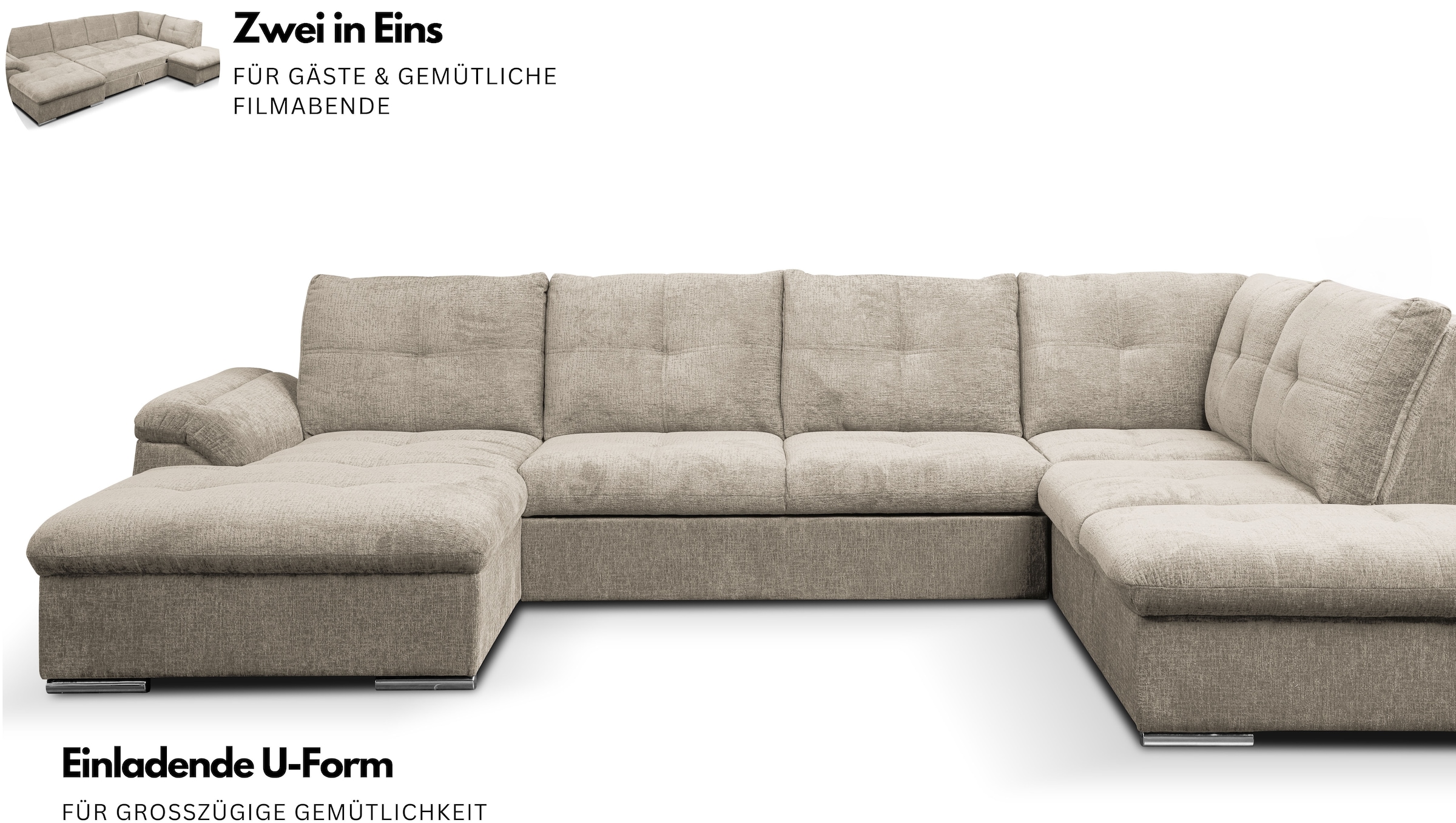 WERK2 Wohnlandschaft »Arena 339 x 220 cm mit Bett & Bettkasten, wahlw. mit 2 Kopfstützen« U-Form, XXL, Schlaffunktion, Bettkasten
