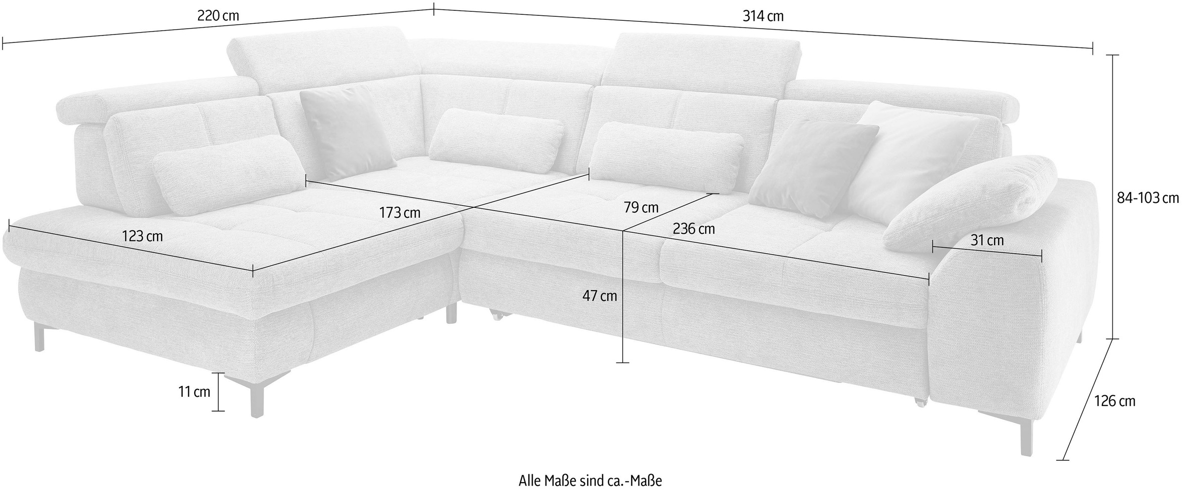 set one by Musterring Ecksofa »SO 3400 Sitzhöhe 47cm oder 49cm, Sitztiefe verstellbar, B/T 317/220 cm«, Kaltschaumpolsterung, Flachgewebe, whlw. mit Funktionen, Sitzhöhe 47