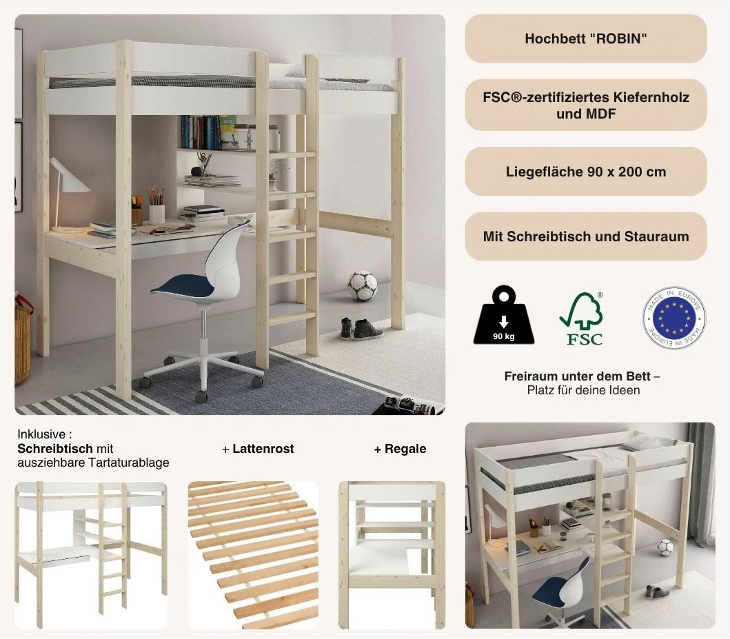 OTTO home Hochbett »Stockbett, Kinderbett, "ROBIN " FSC® zertifiziertes Massivholz« mit Schreibtisch und Regalen